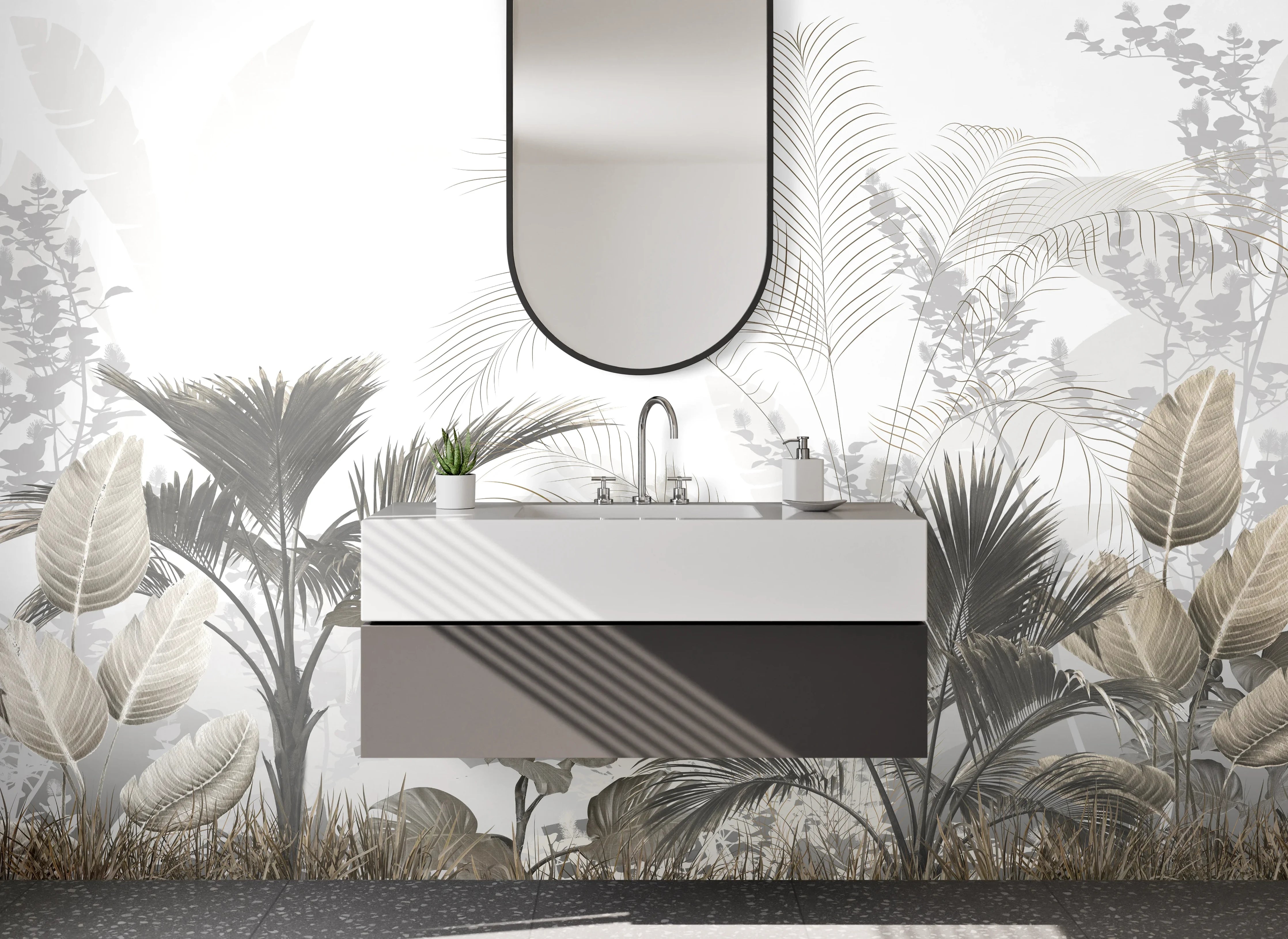 Waschbecken-Rückwand - Botanischer Dschungel in Weiß und Taupe
