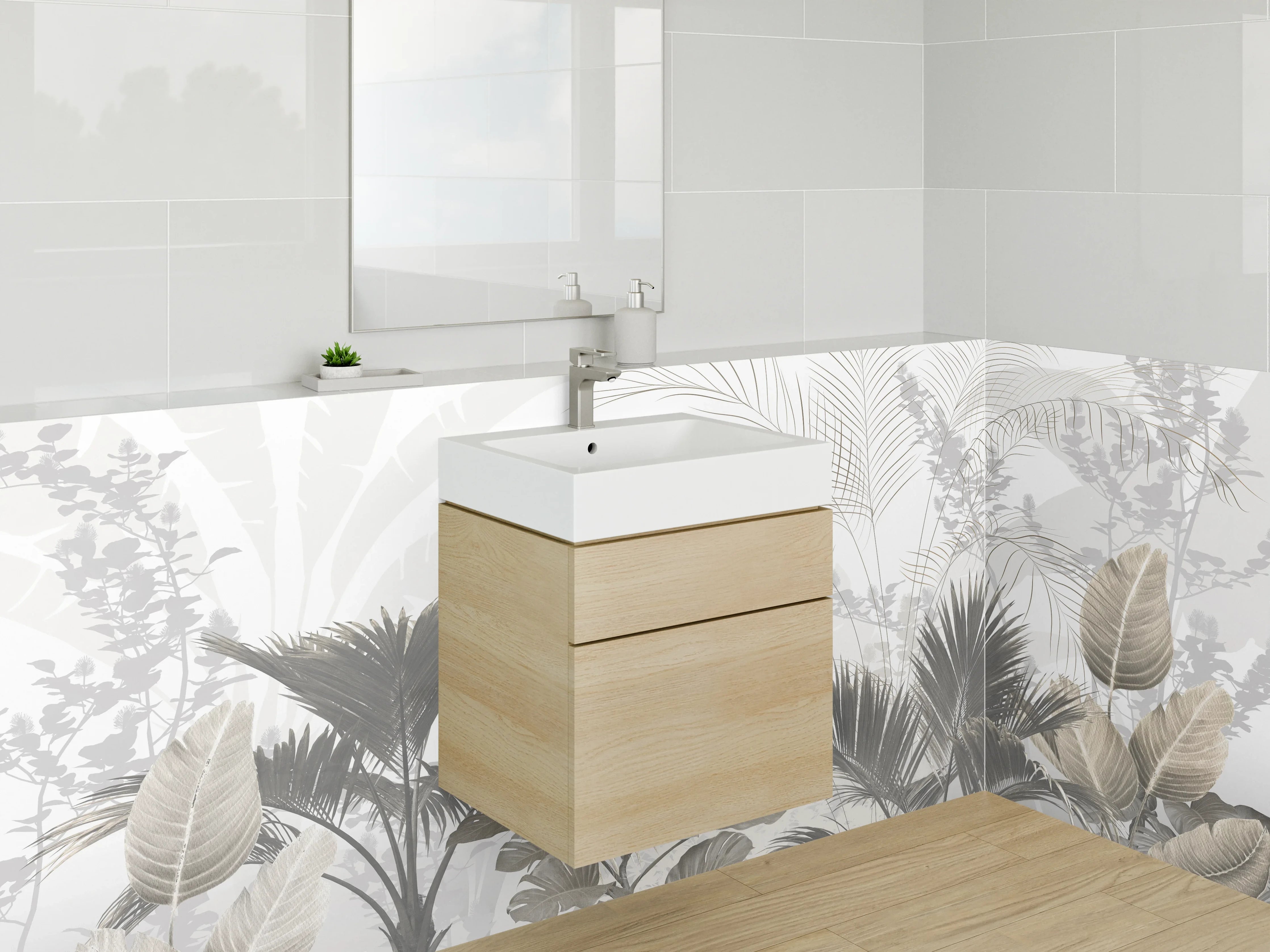 Waschbecken-Rückwand - Botanischer Dschungel in Weiß und Taupe