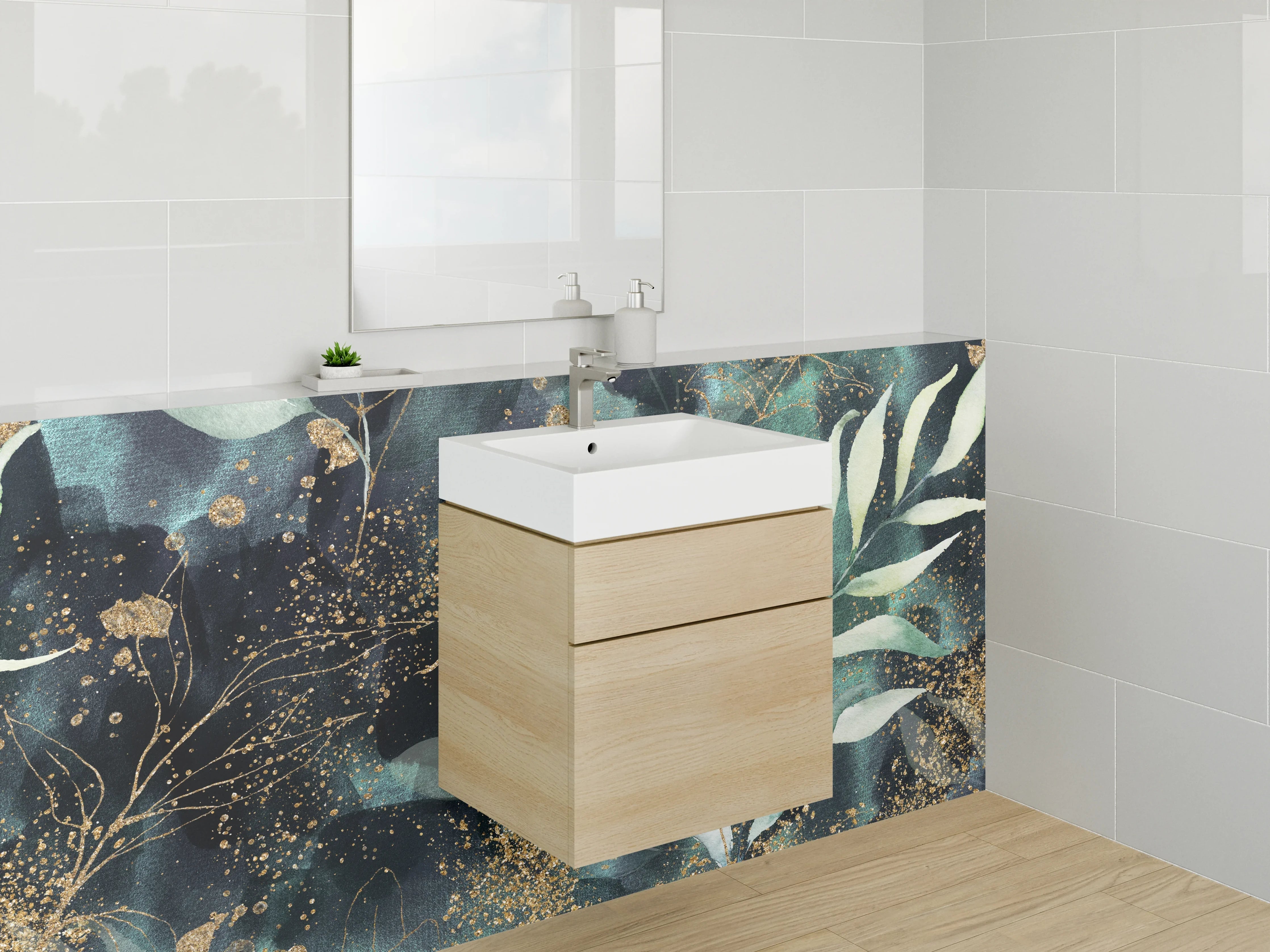 Waschbecken-Rückwand - Botanisches Aquarell mit Goldakzenten