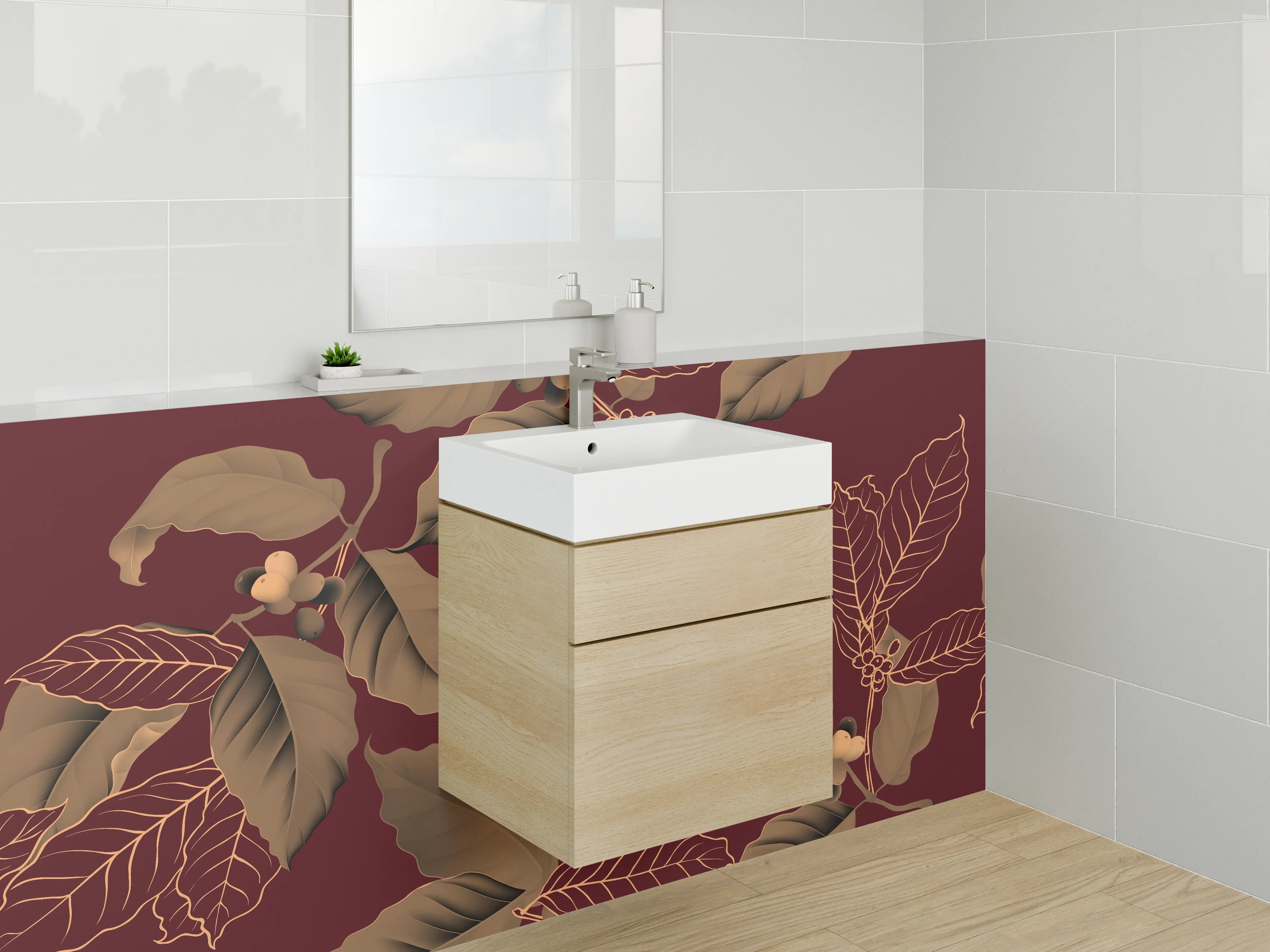 Waschbecken-Rückwand - Botanisches Kaffeeblatt-Muster Braun Gold