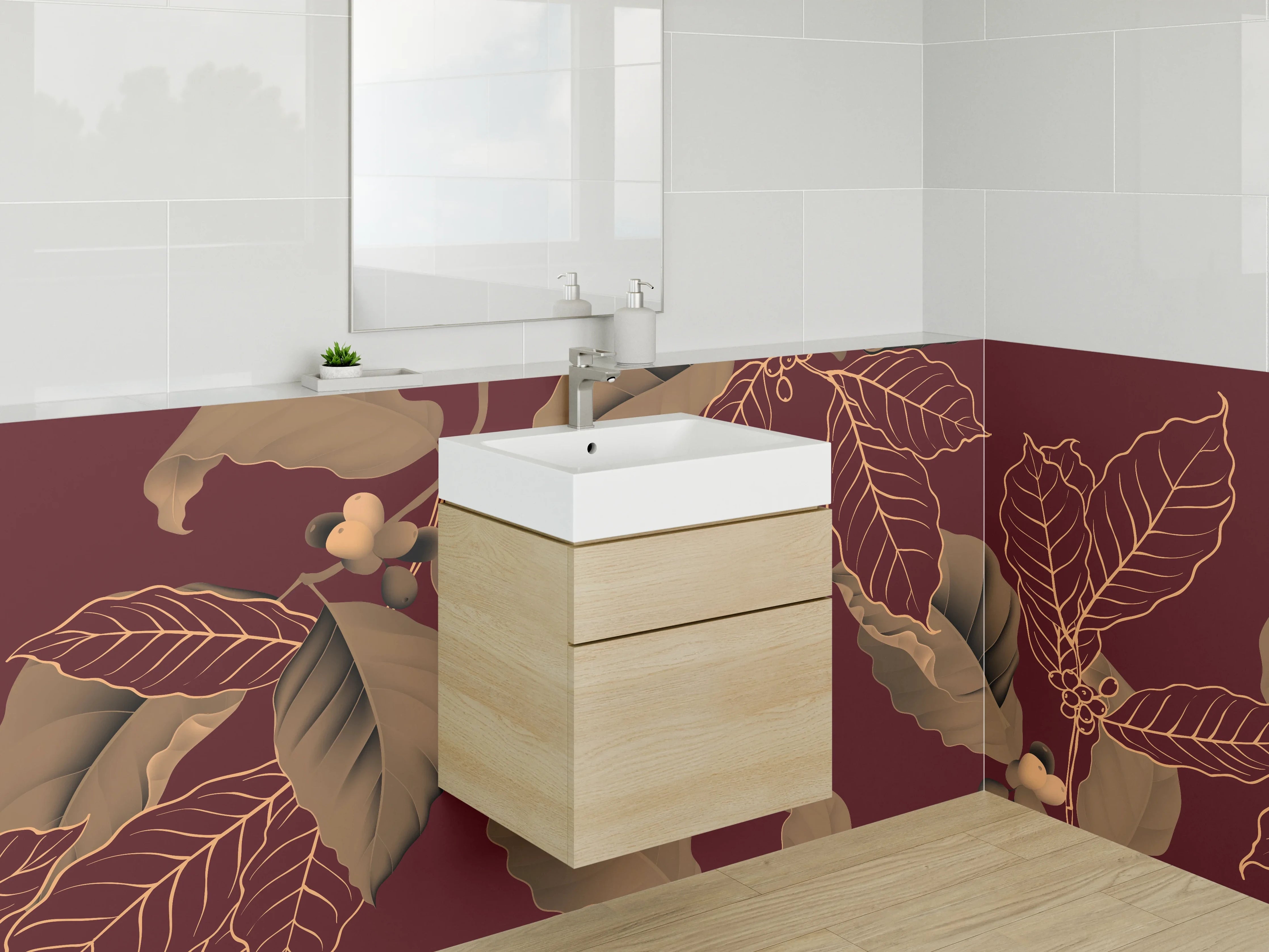 Waschbecken-Rückwand - Botanisches Kaffeeblatt-Muster Braun Gold