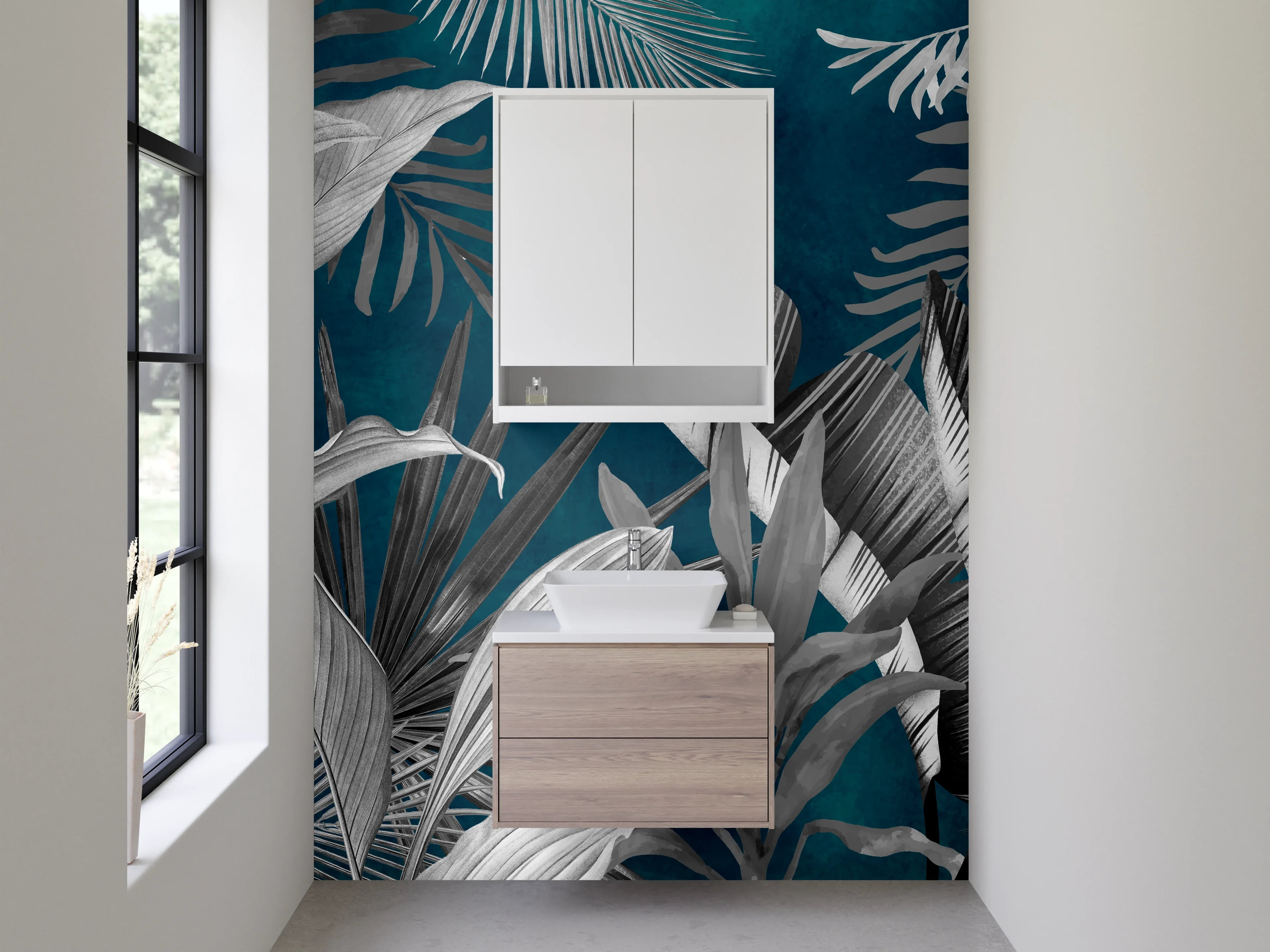 Waschbecken-Rückwand - Botanisches Schwarz-Weiß-Dschungelmotiv auf Blau