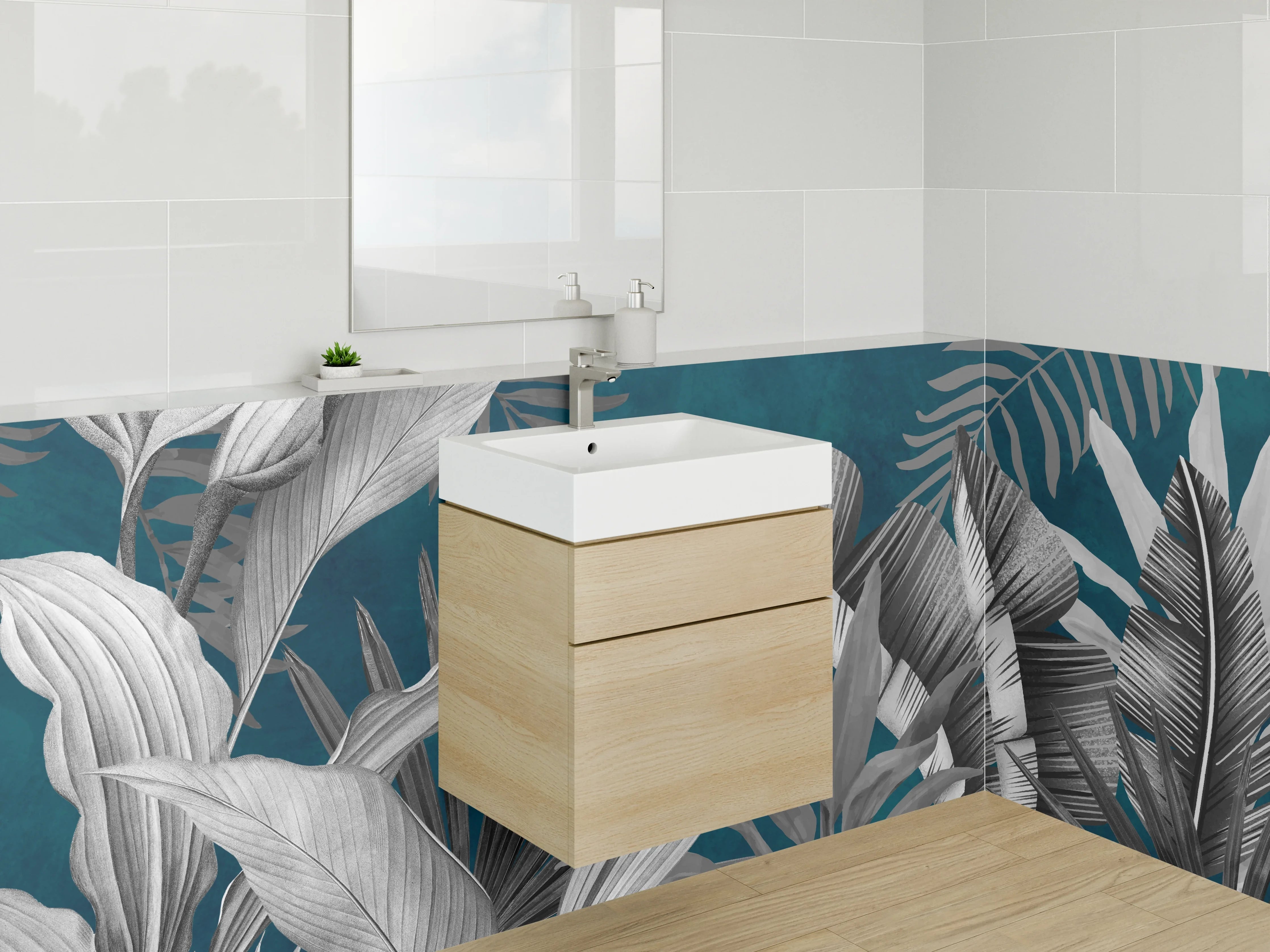Waschbecken-Rückwand - Botanisches Schwarz-Weiß-Dschungelmotiv auf Blau