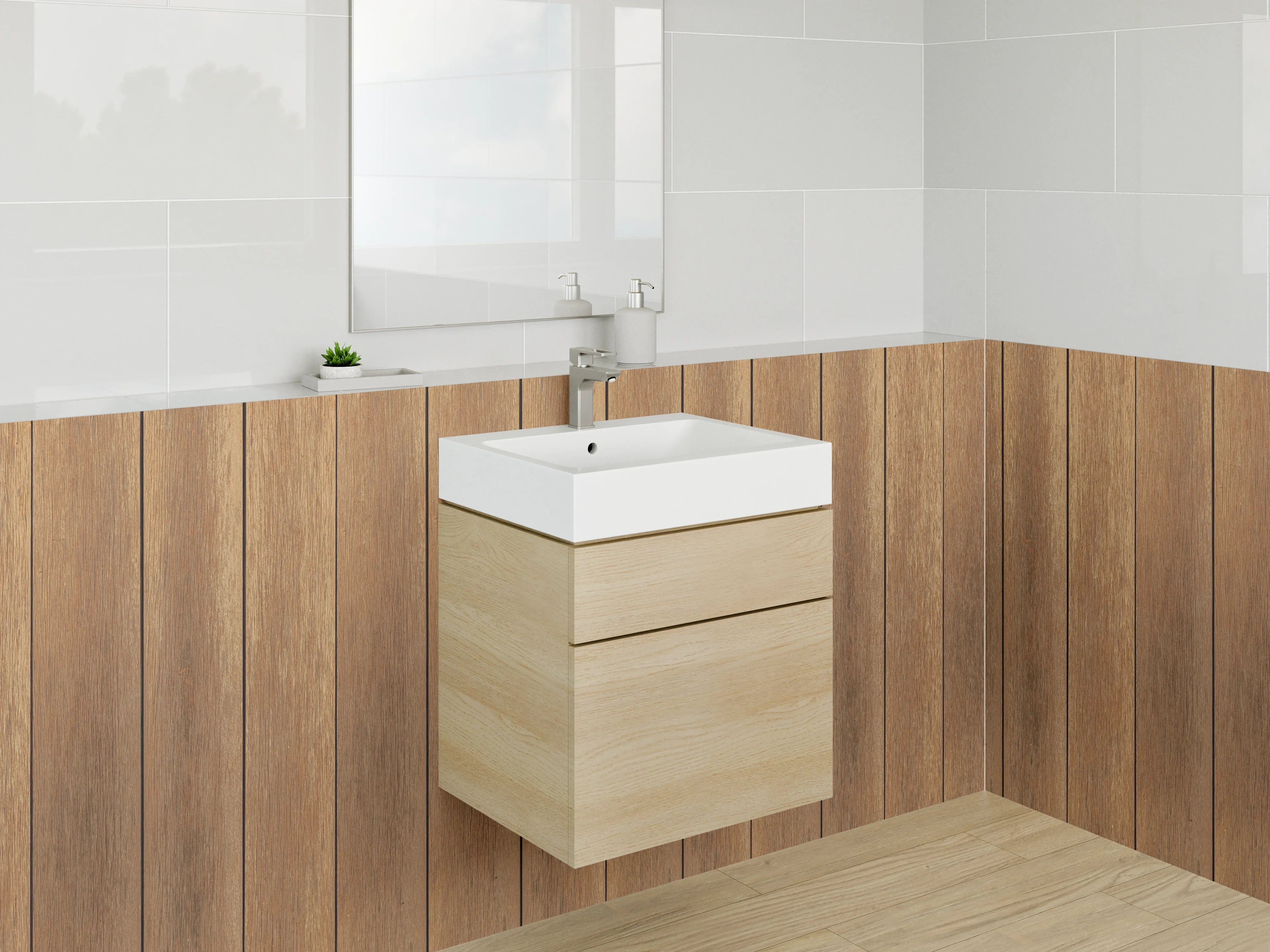 Waschbecken-Rückwand - Braun-Graue Holzdekor Paneele Weißmuster