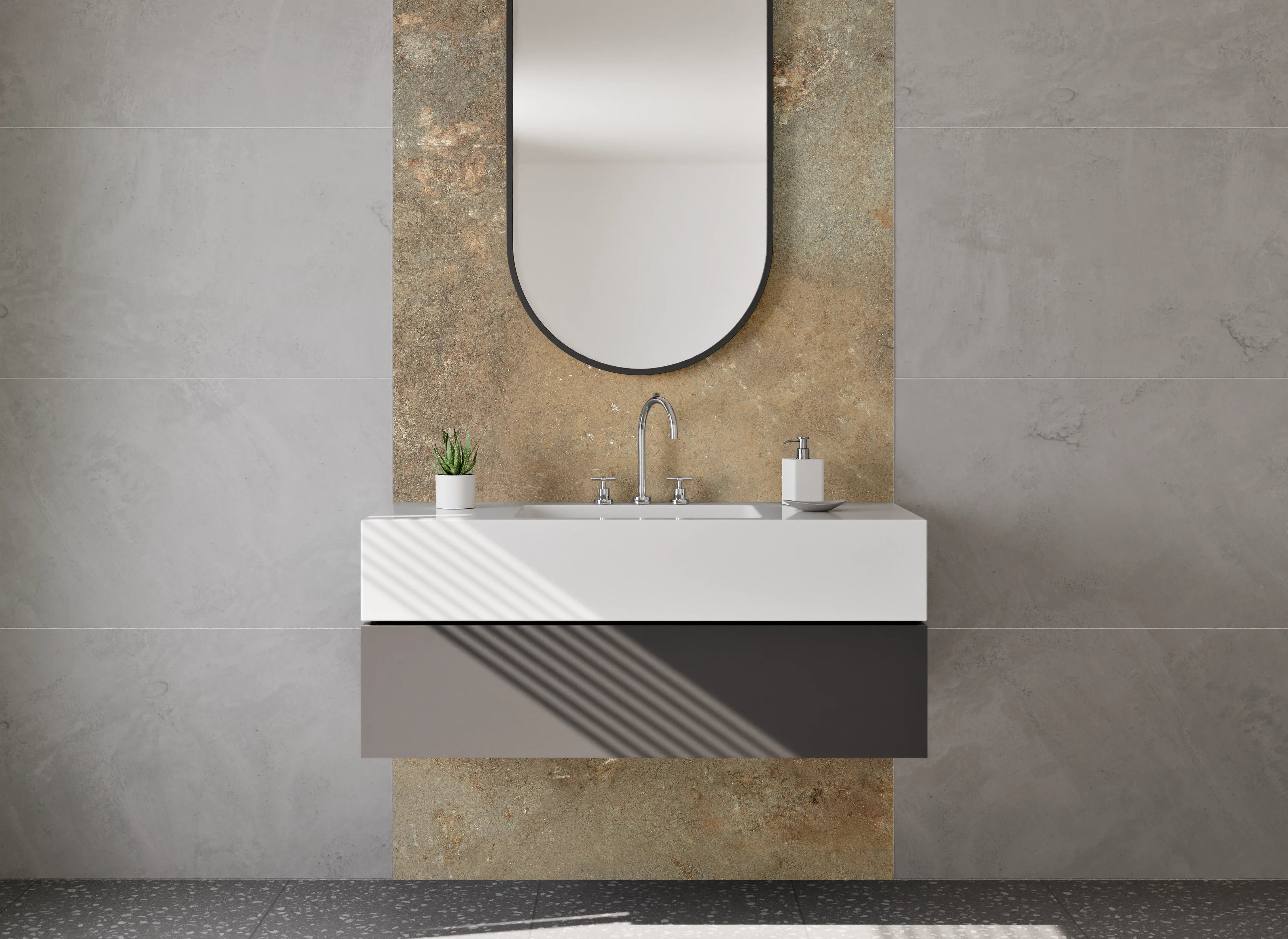 Waschbecken-Rückwand - Braun-Graue Natursteinoptik Fliese