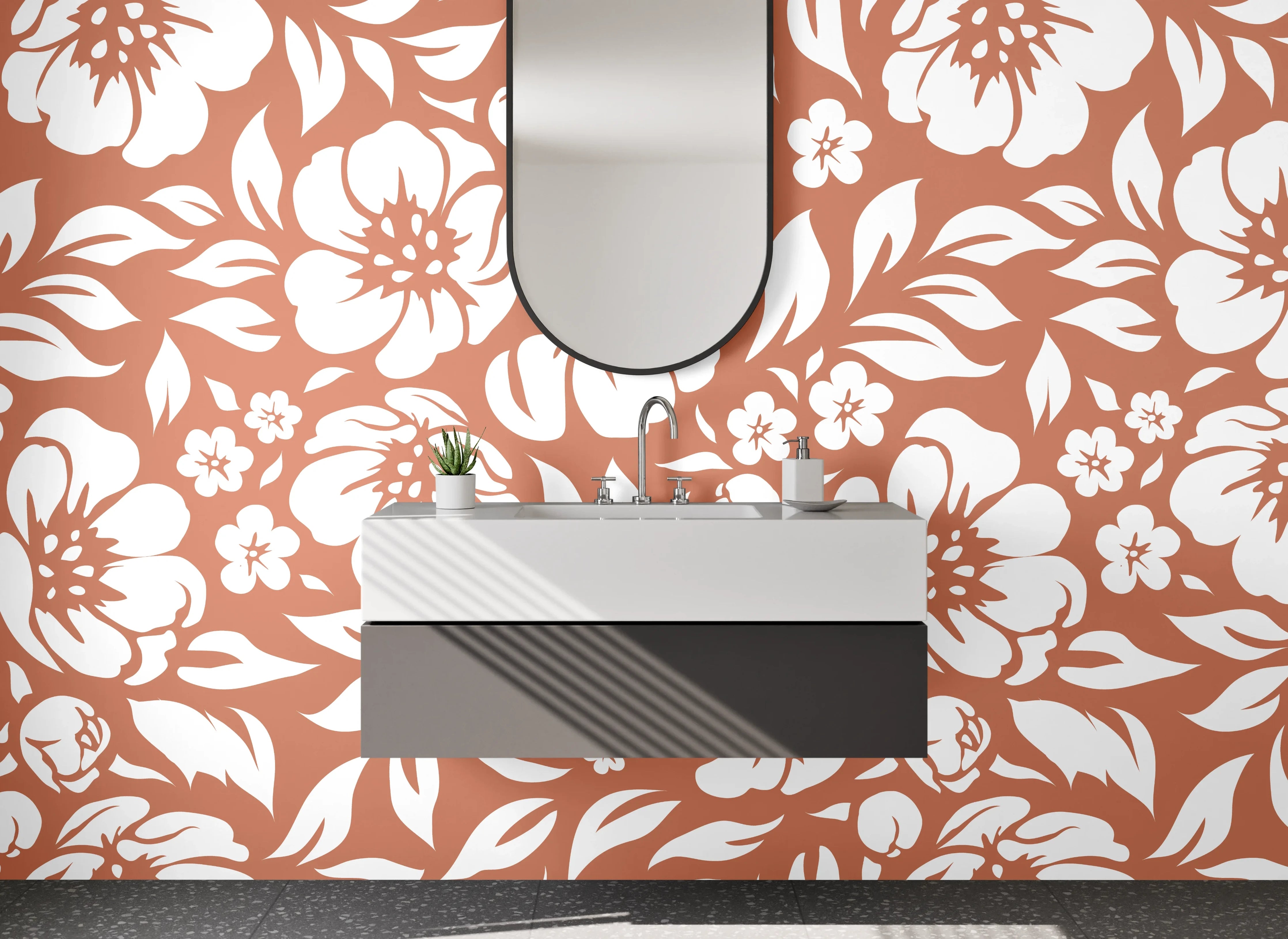Waschbecken-Rückwand - Braun-Graues Blumenmotiv auf Weiß