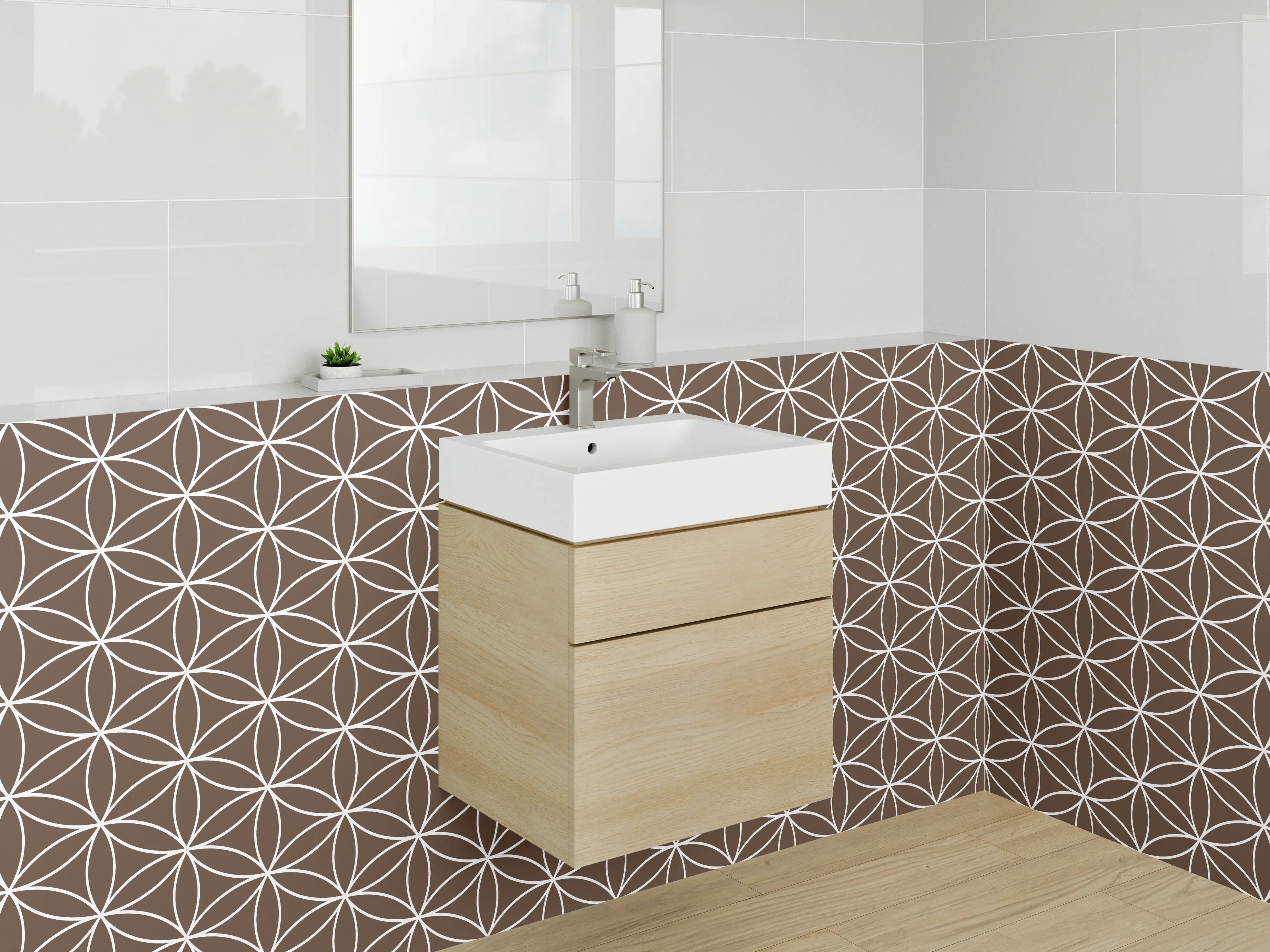 Waschbecken-Rückwand - Braun-Graues Retro-Geometrie-Design