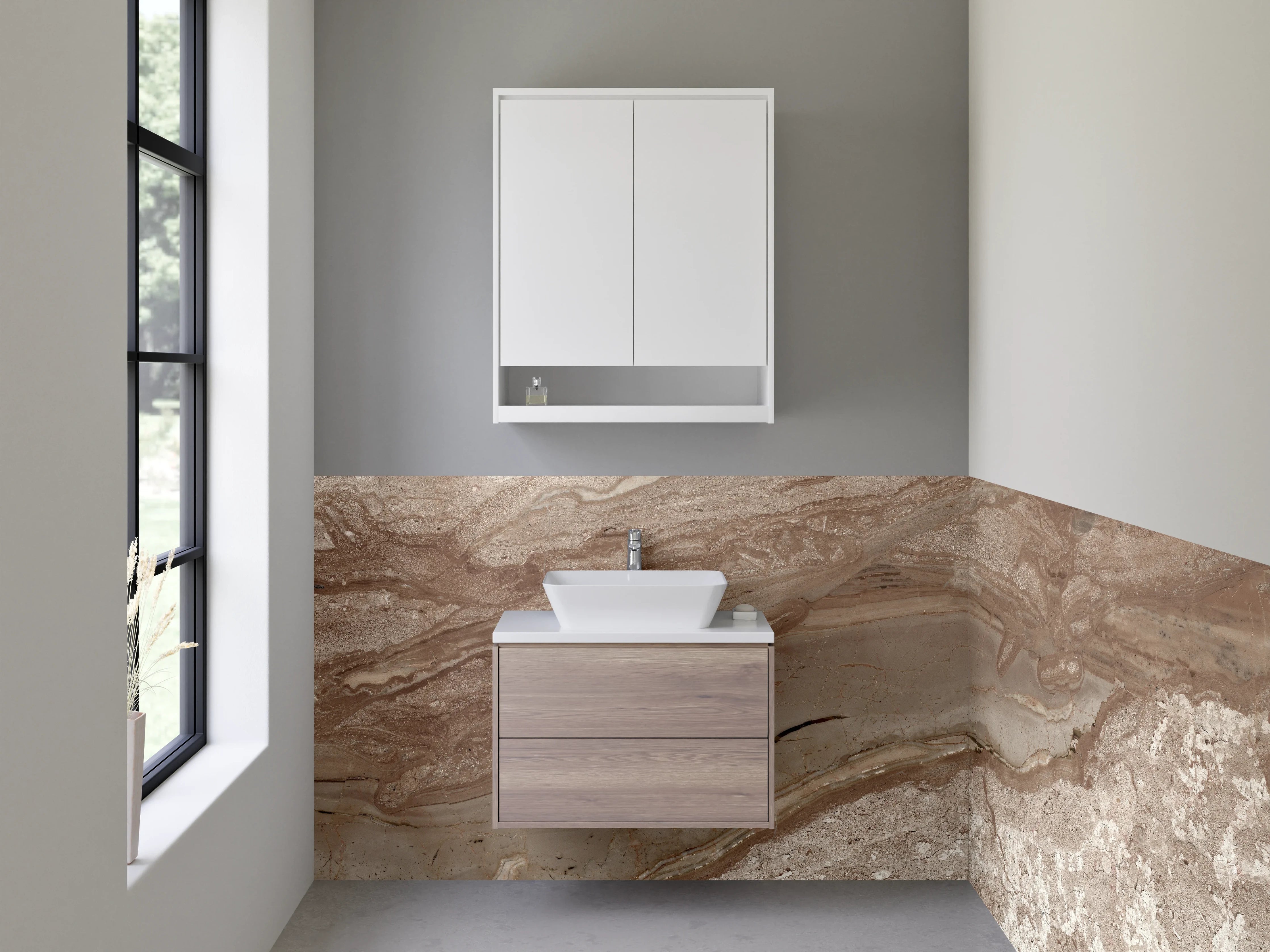 Waschbecken-Rückwand - Braun-beiger Marmor mit Naturstruktur