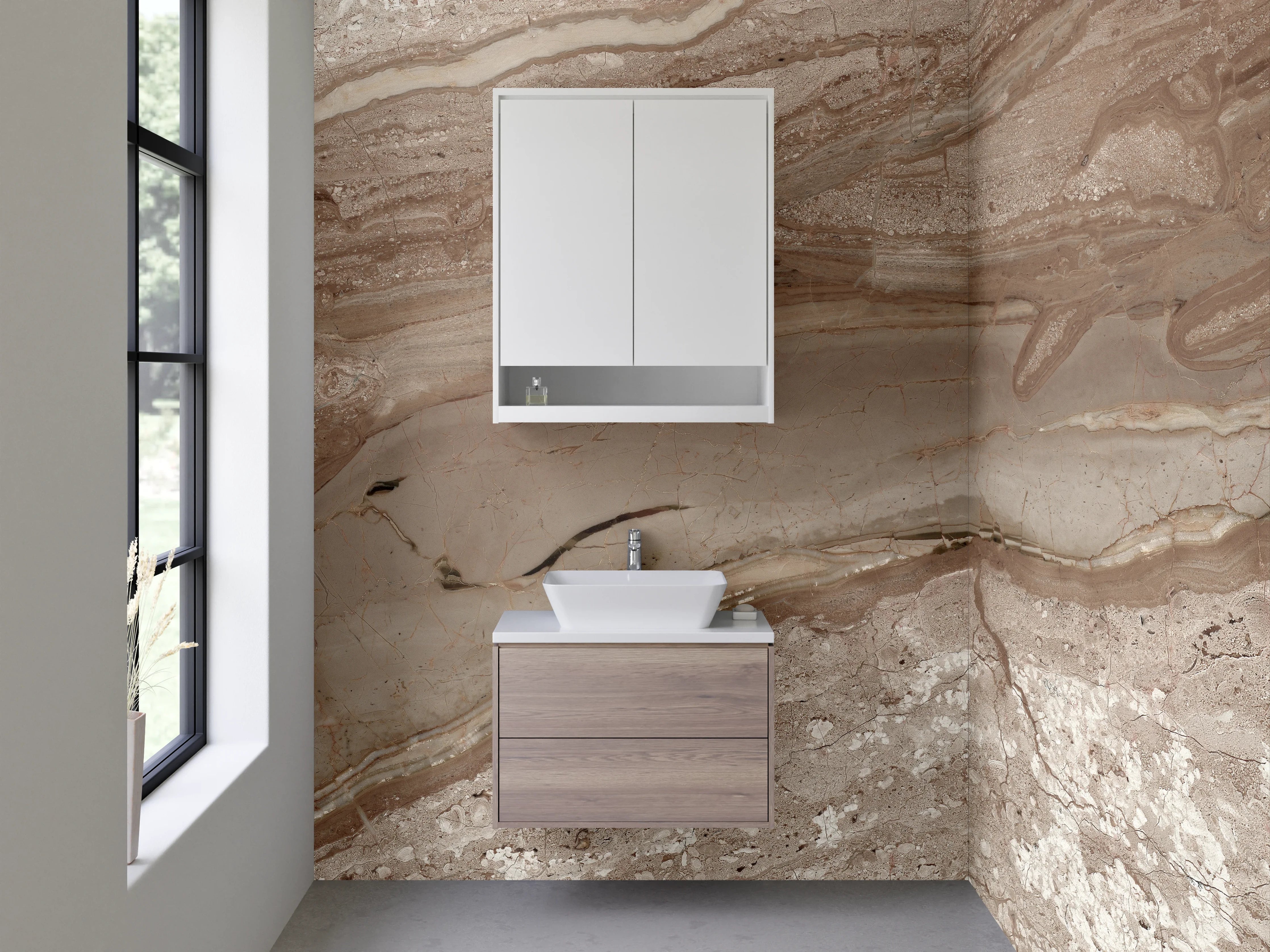 Waschbecken-Rückwand - Braun-beiger Marmor mit Naturstruktur