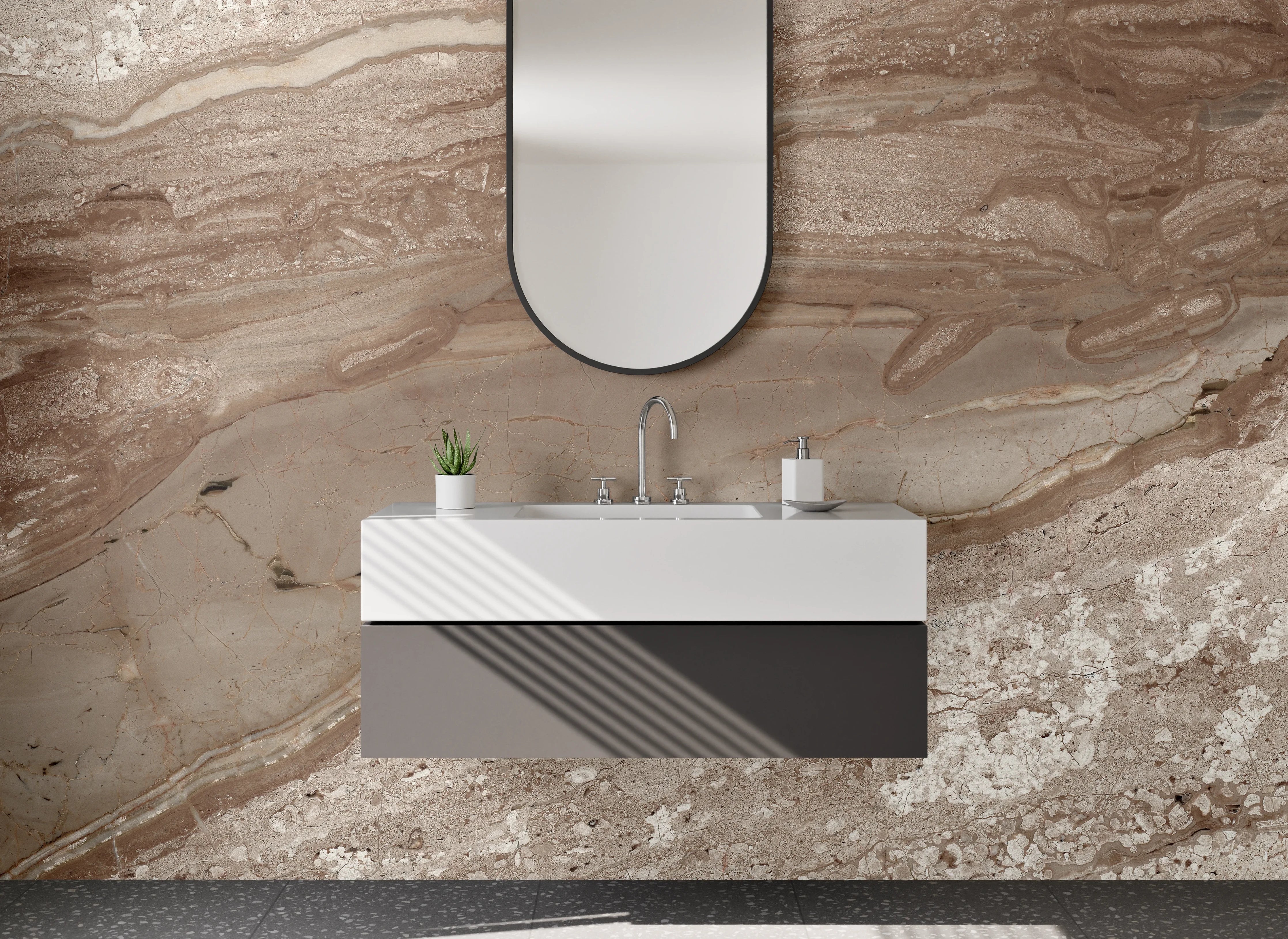 Waschbecken-Rückwand - Braun-beiger Marmor mit Naturstruktur
