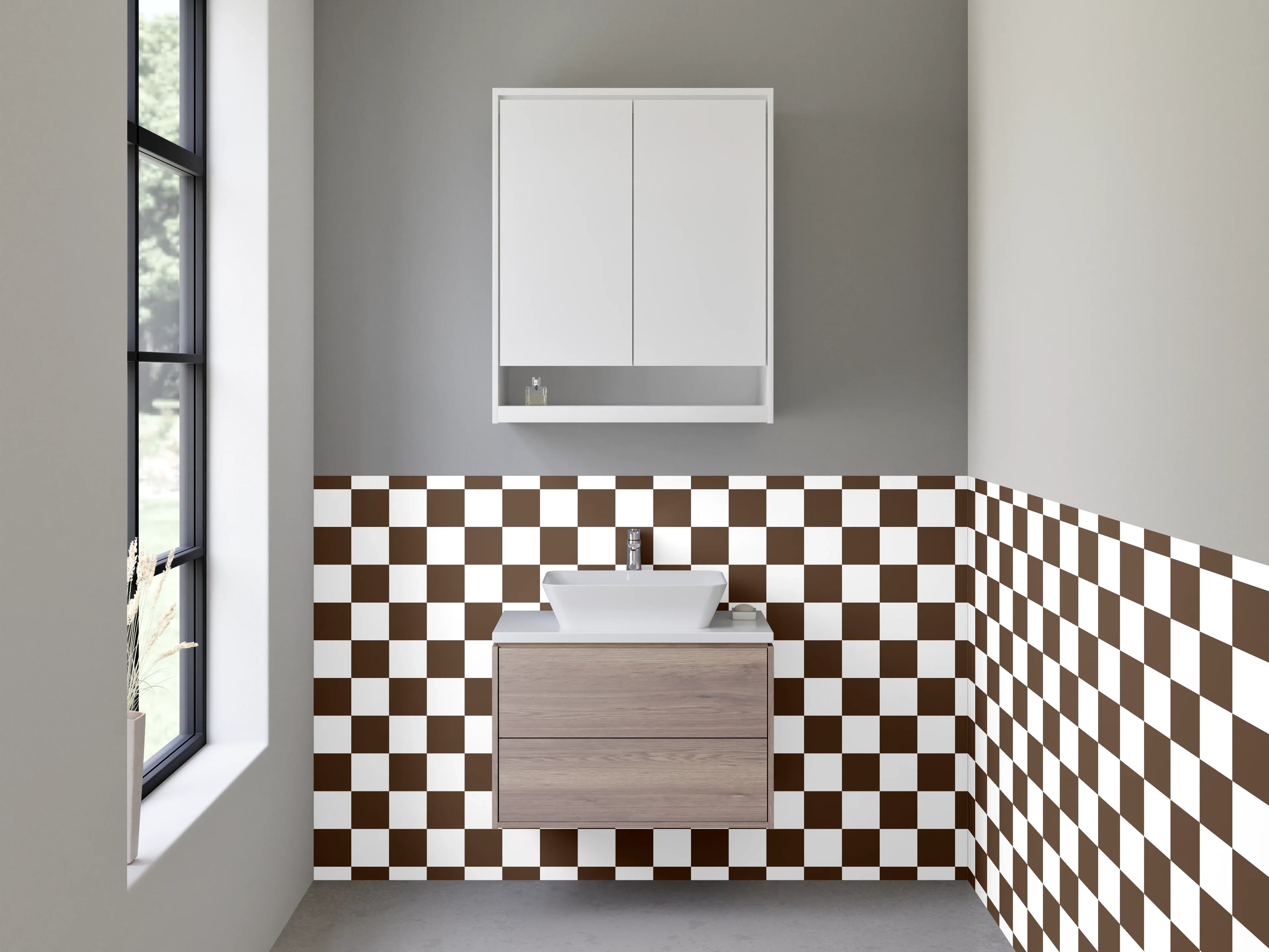 Waschbecken-Rückwand - Braun-weißes Schachbrett-Muster modern