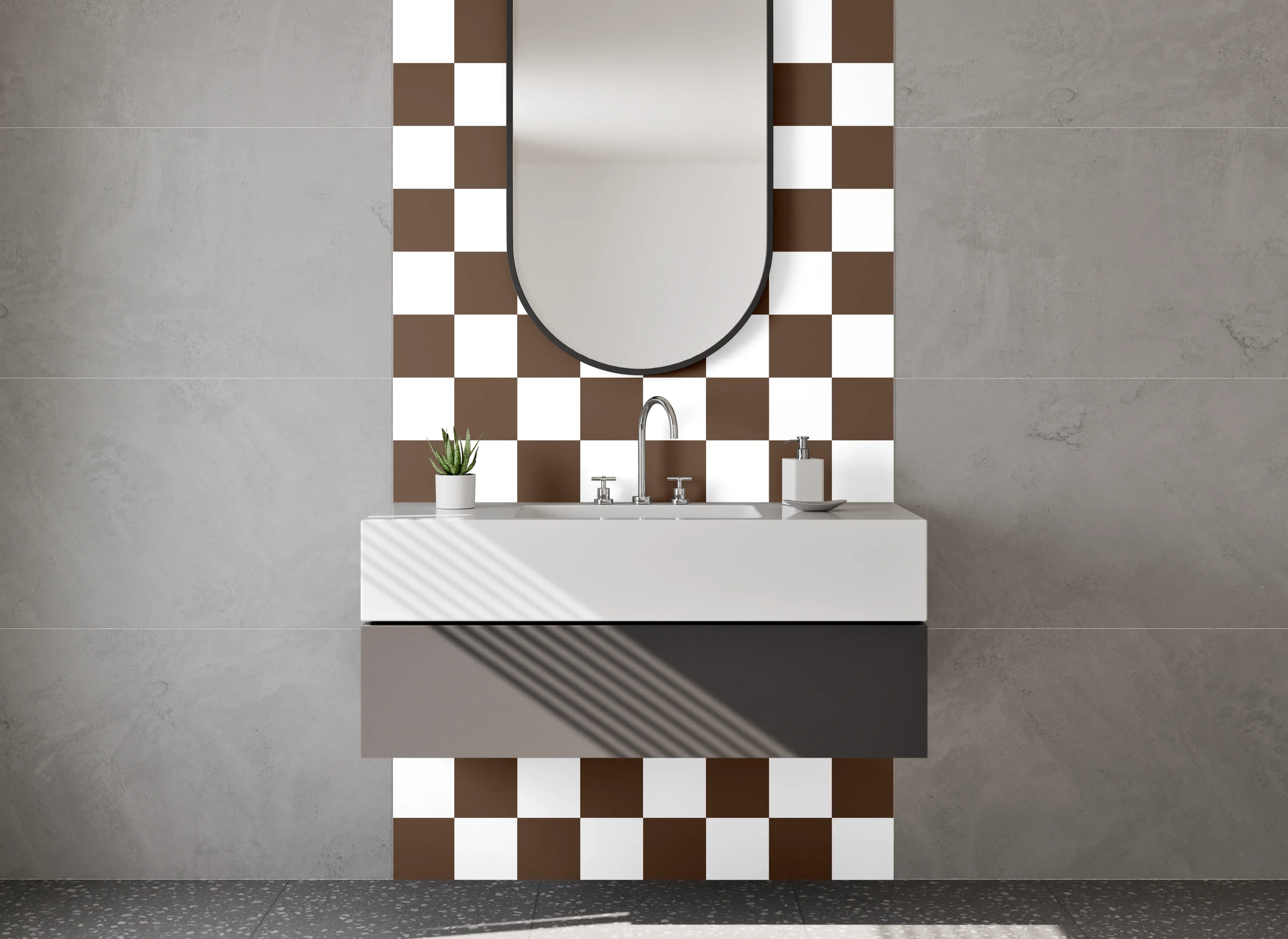 Waschbecken-Rückwand - Braun-weißes Schachbrett-Muster modern