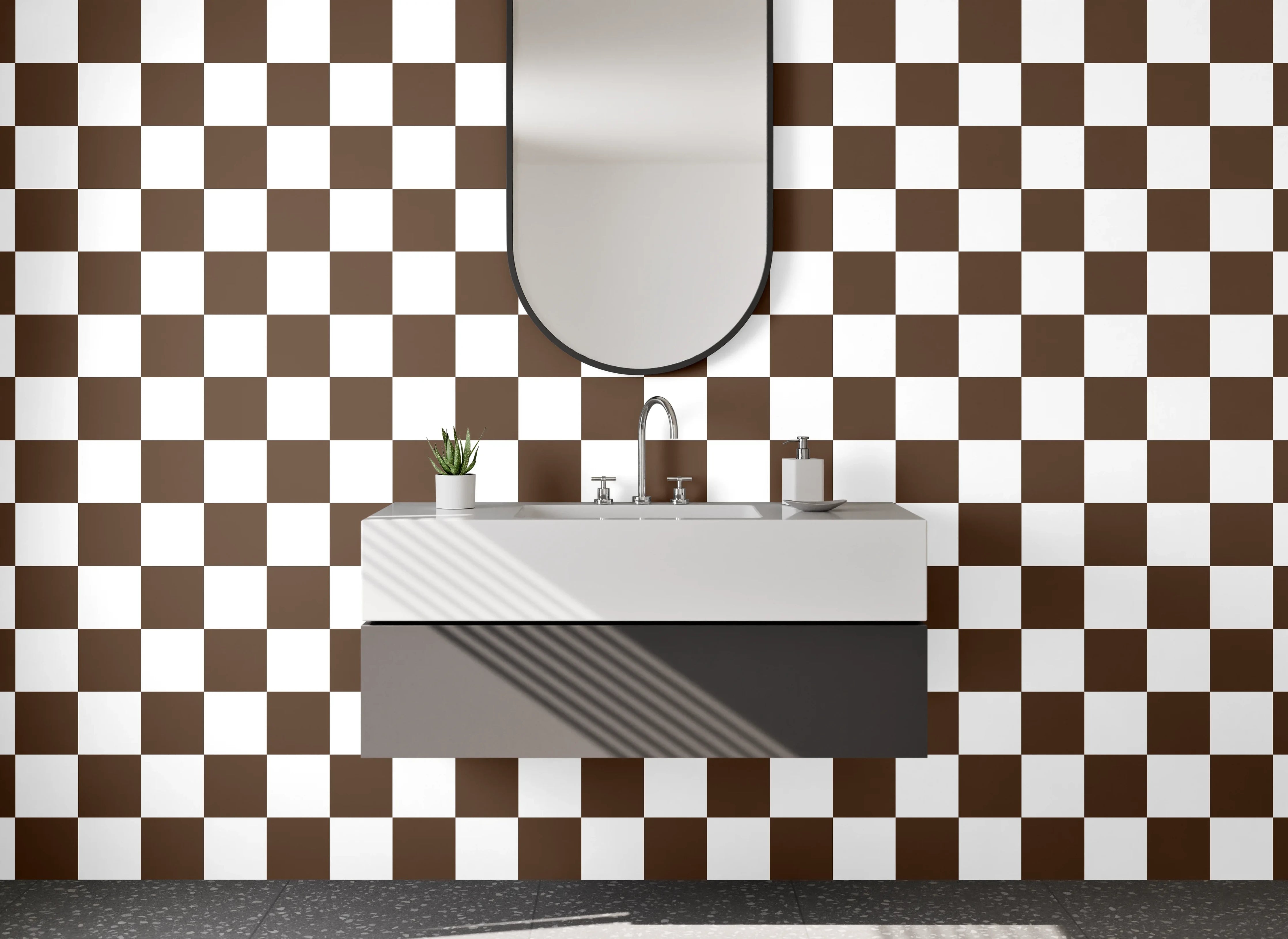 Waschbecken-Rückwand - Braun-weißes Schachbrett-Muster modern