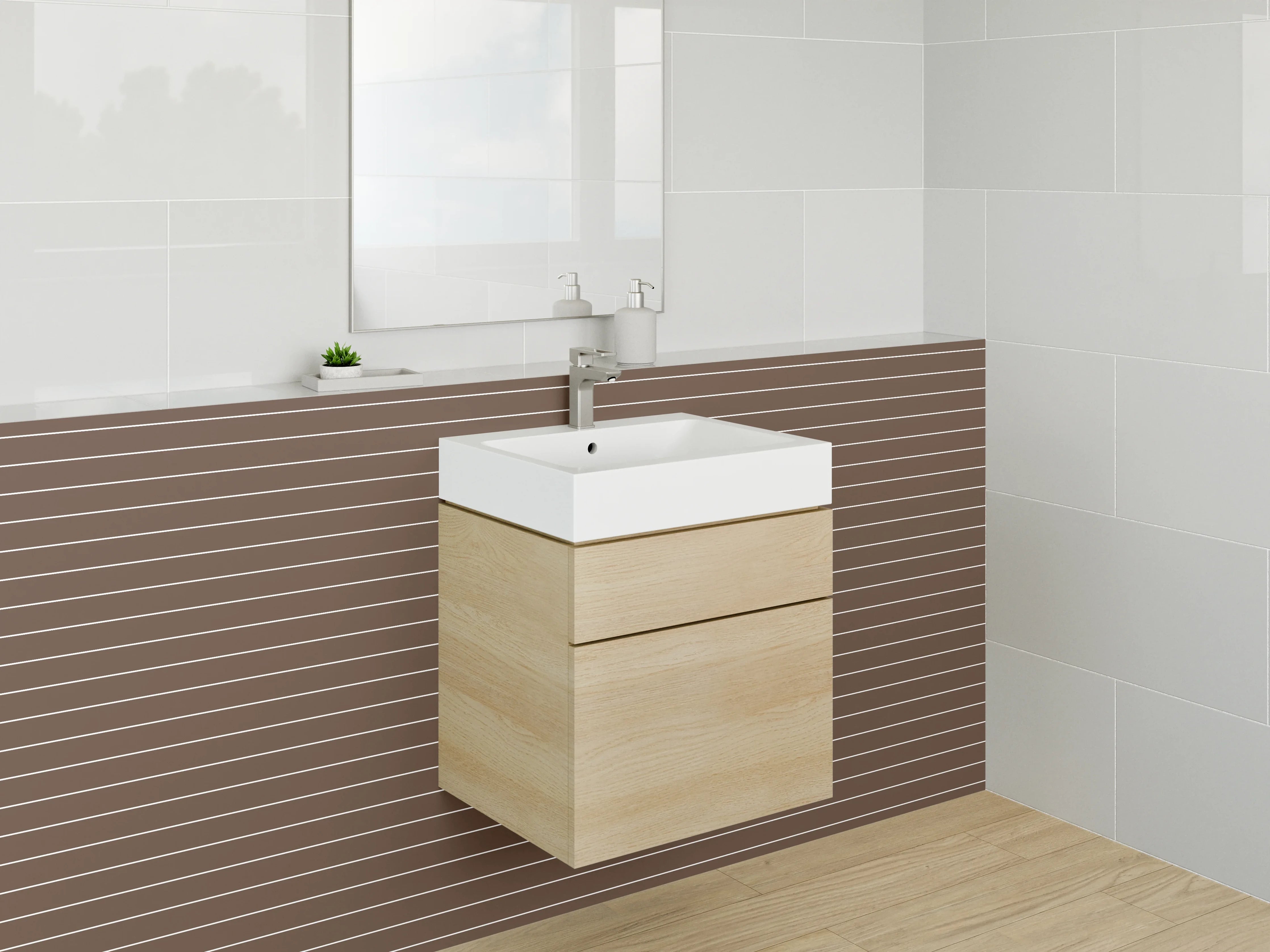 Waschbecken-Rückwand - Braune Holzlamellen mit weißen Linien