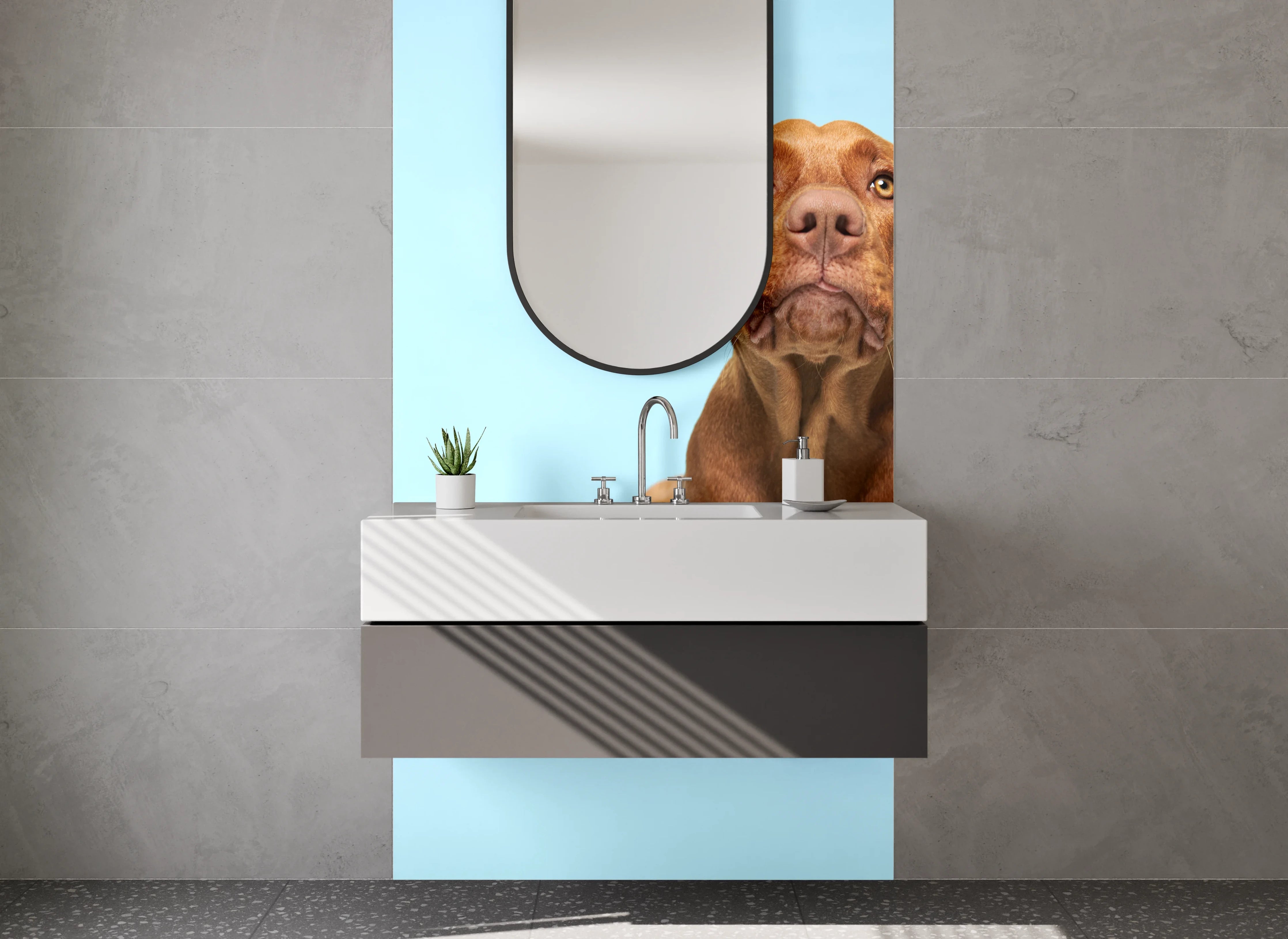 Waschbecken-Rückwand - Brauner Hund auf Blau – Tiermotiv