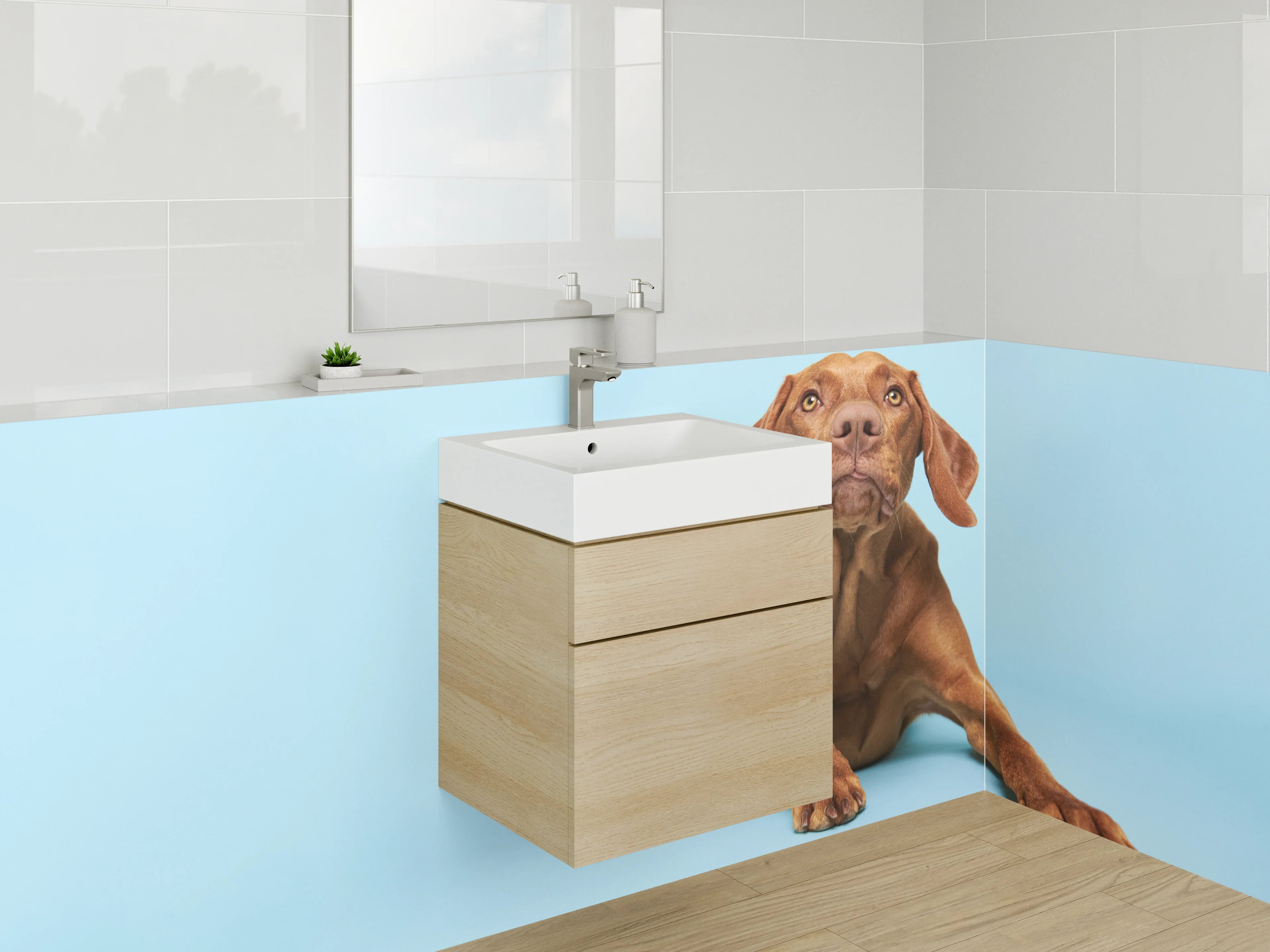 Waschbecken-Rückwand - Brauner Hund auf Blau – Tiermotiv
