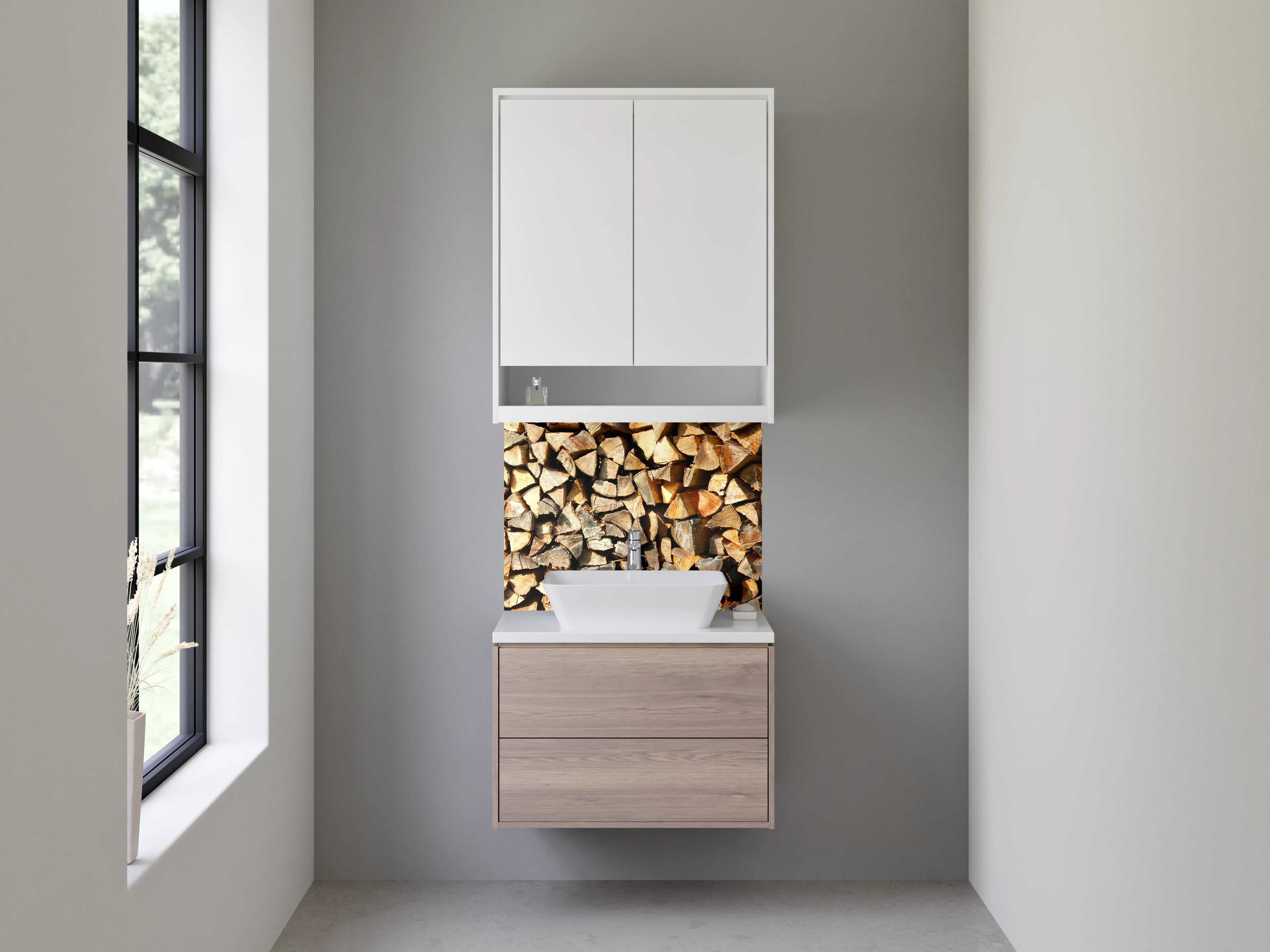 Waschbecken-Rückwand - Brennholz Natur Wanddekor