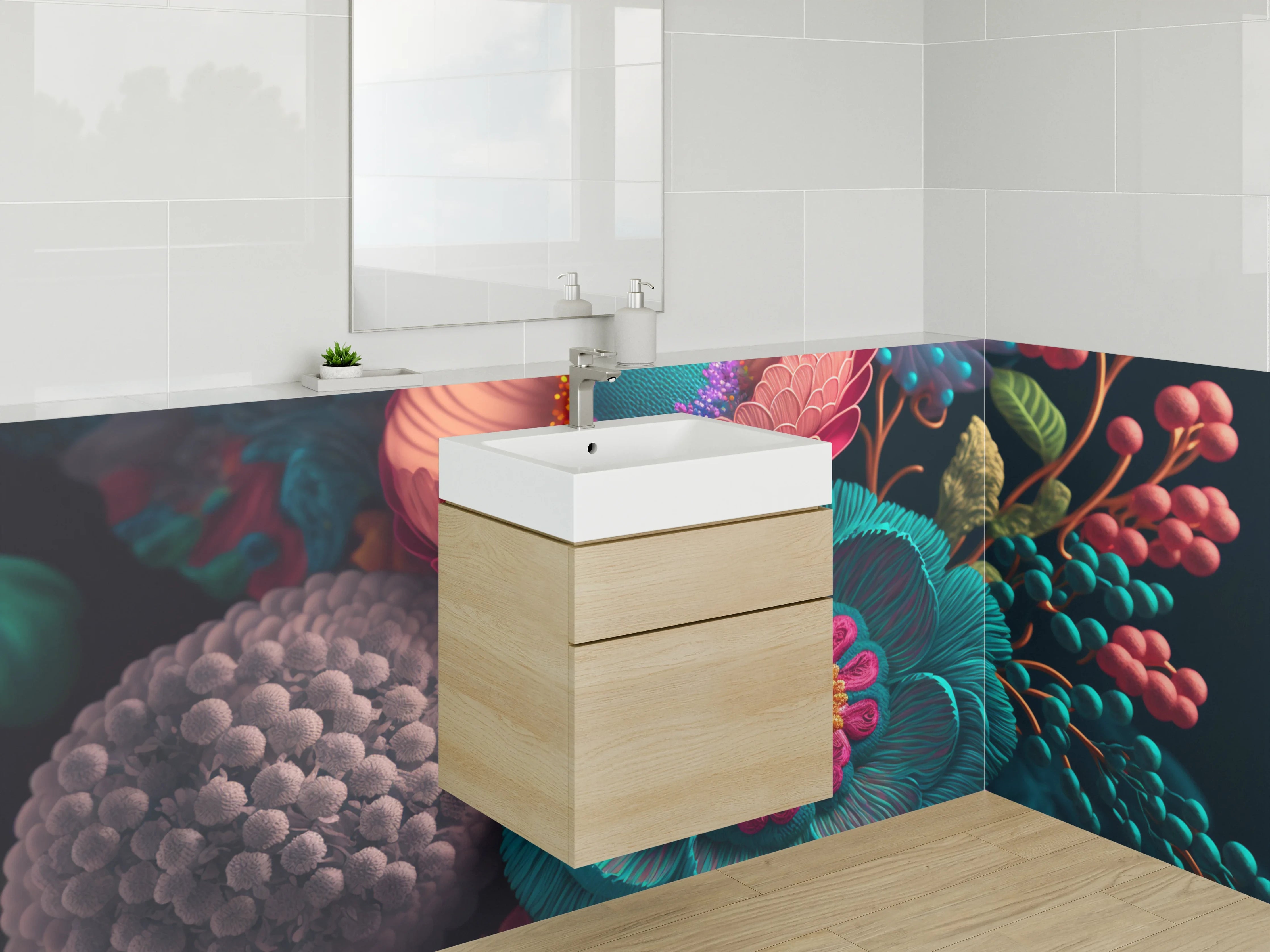 Waschbecken-Rückwand - Bunte 3D-Blumen Illustration Tropisch