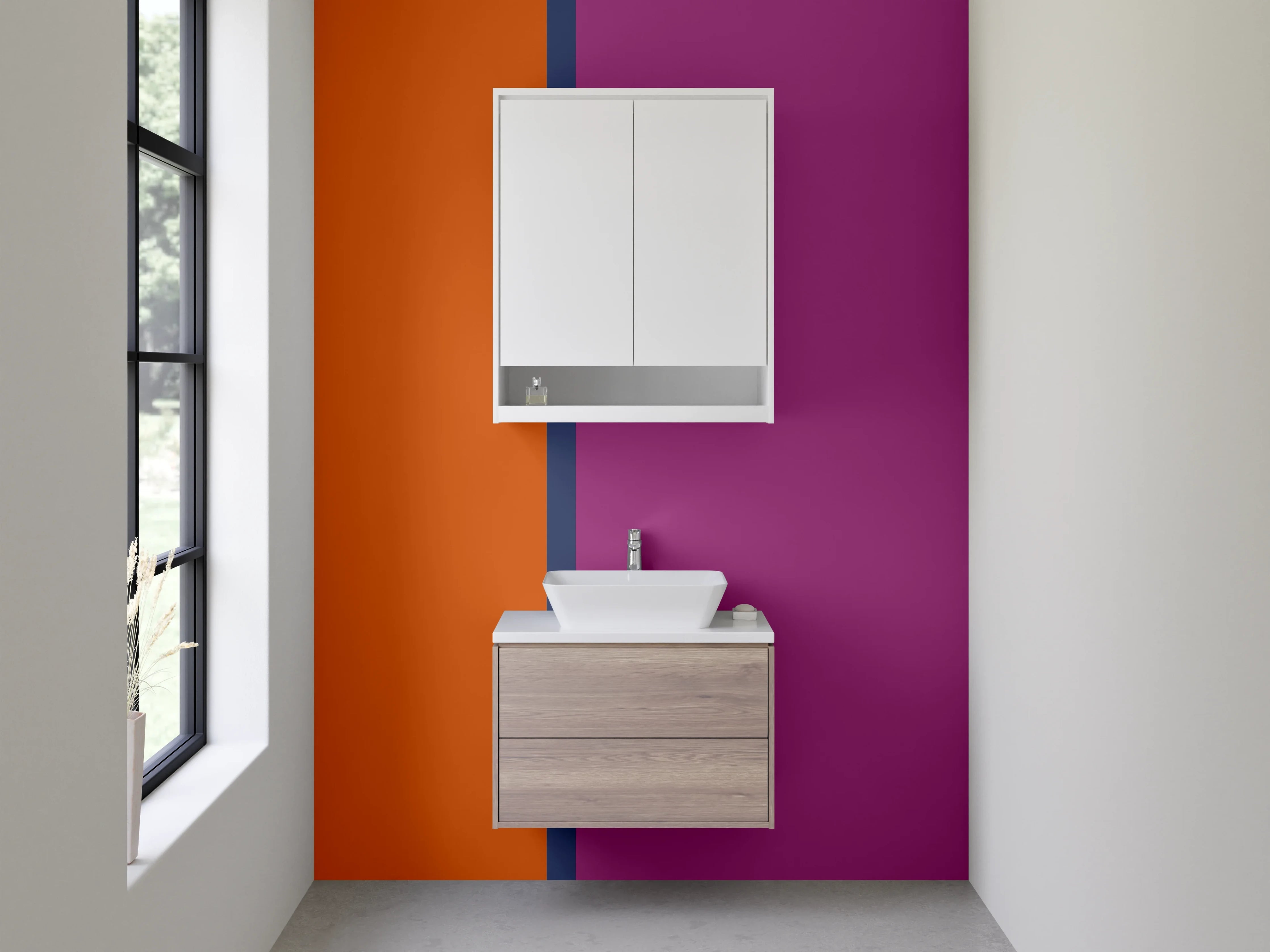 Waschbecken-Rückwand - Bunte Farbblöcke mit Orange und Lila