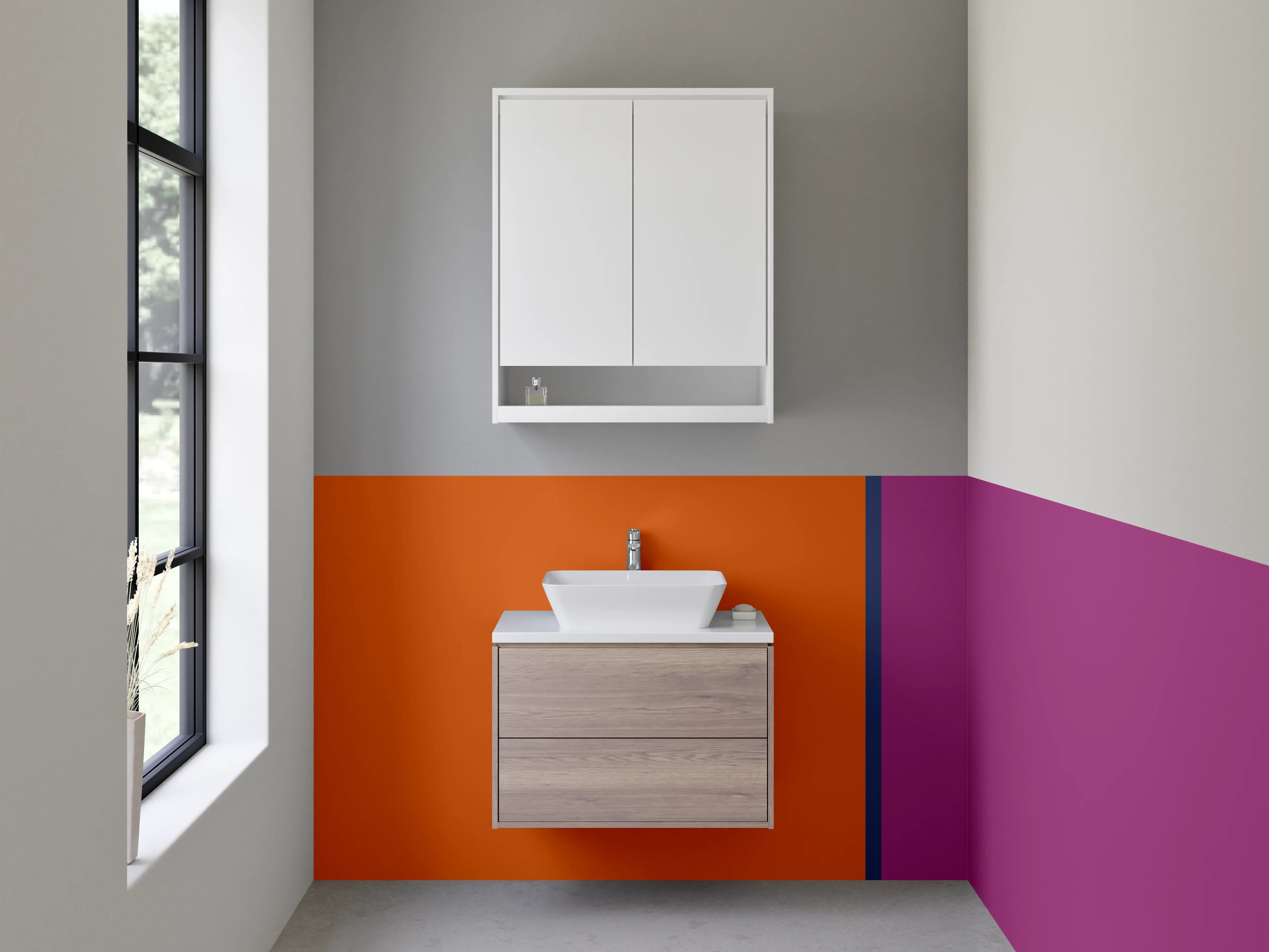 Waschbecken-Rückwand - Bunte Farbblöcke mit Orange und Lila