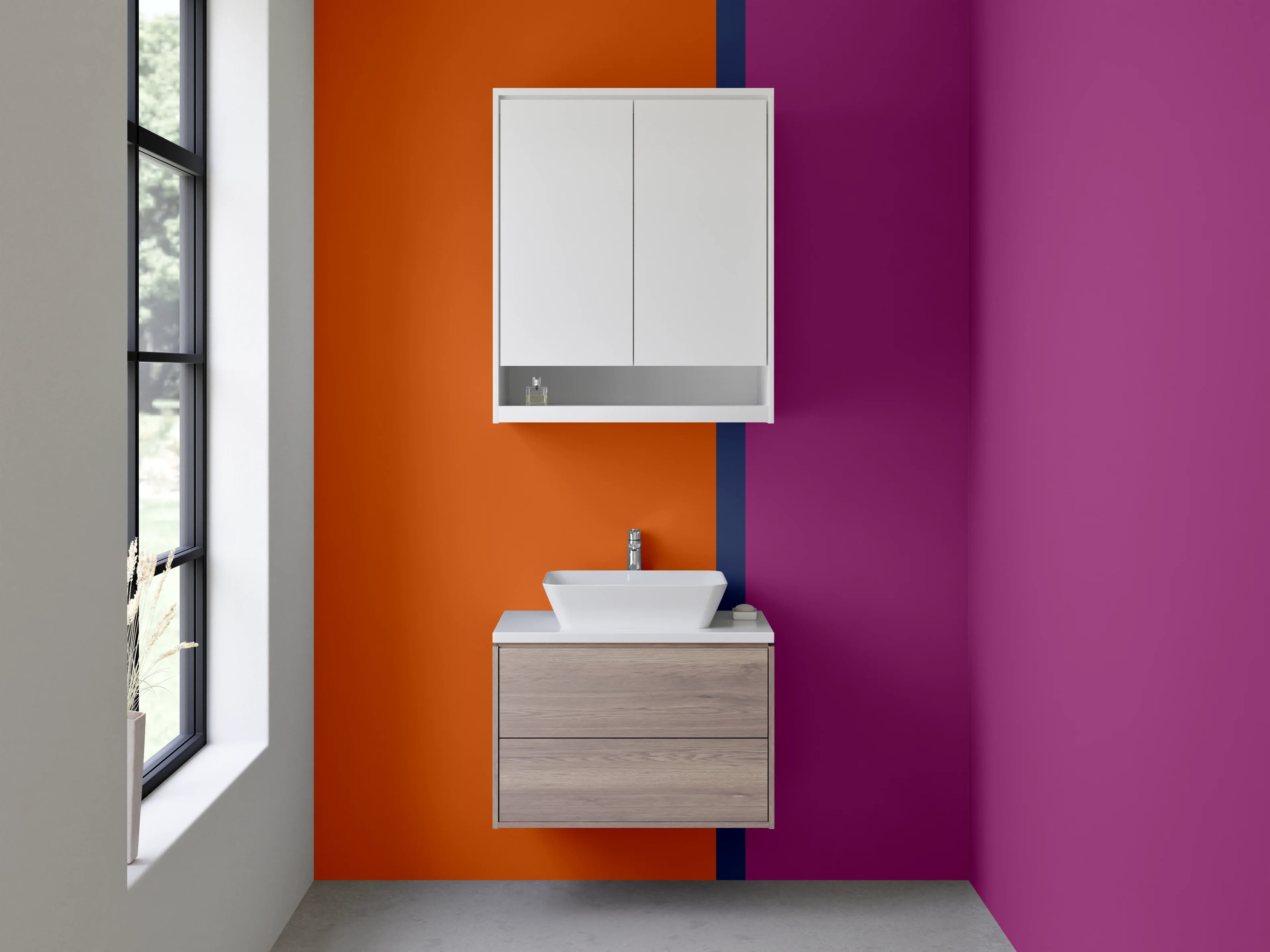 Waschbecken-Rückwand - Bunte Farbblöcke mit Orange und Lila