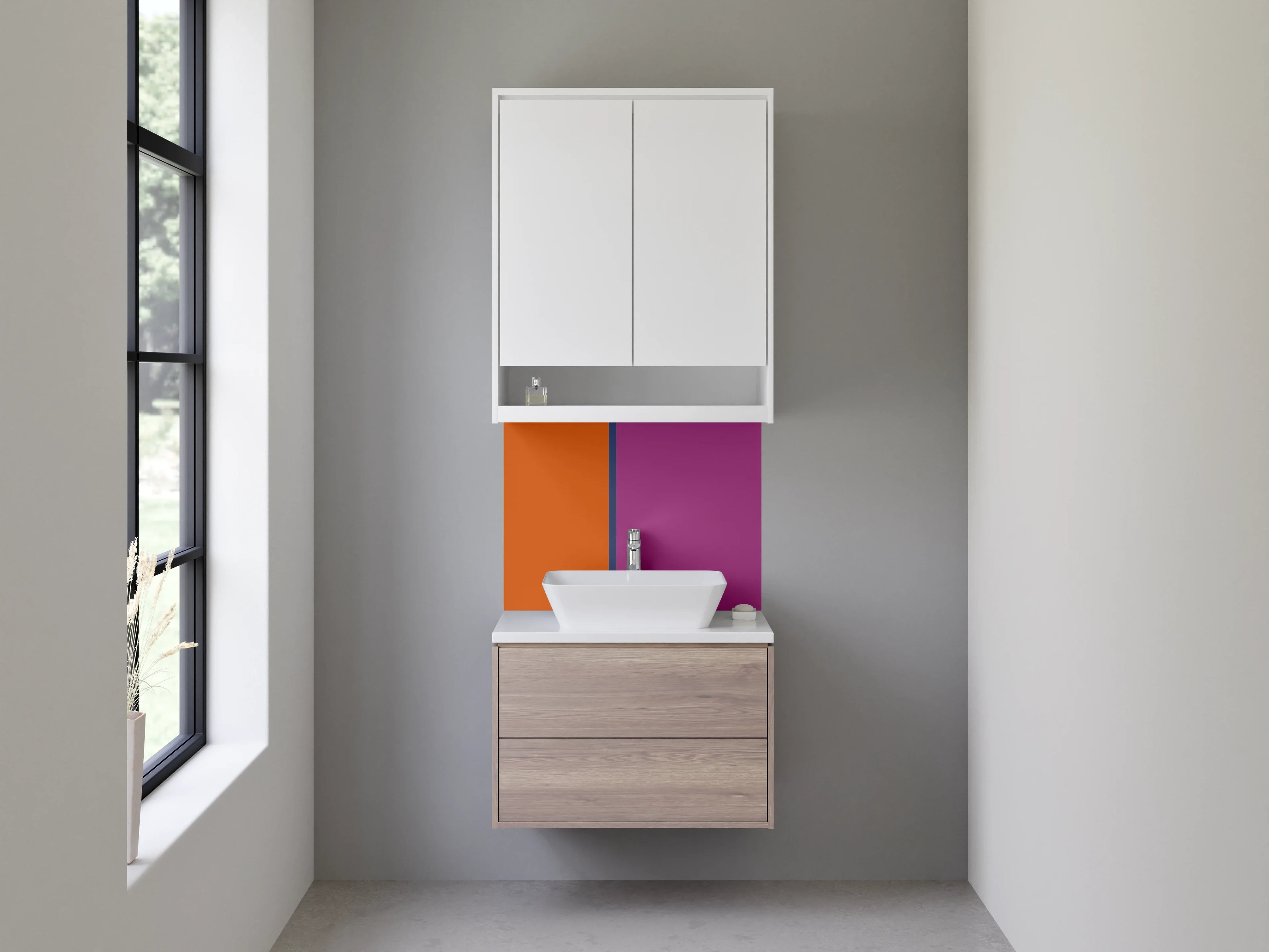 Waschbecken-Rückwand - Bunte Farbblöcke mit Orange und Lila