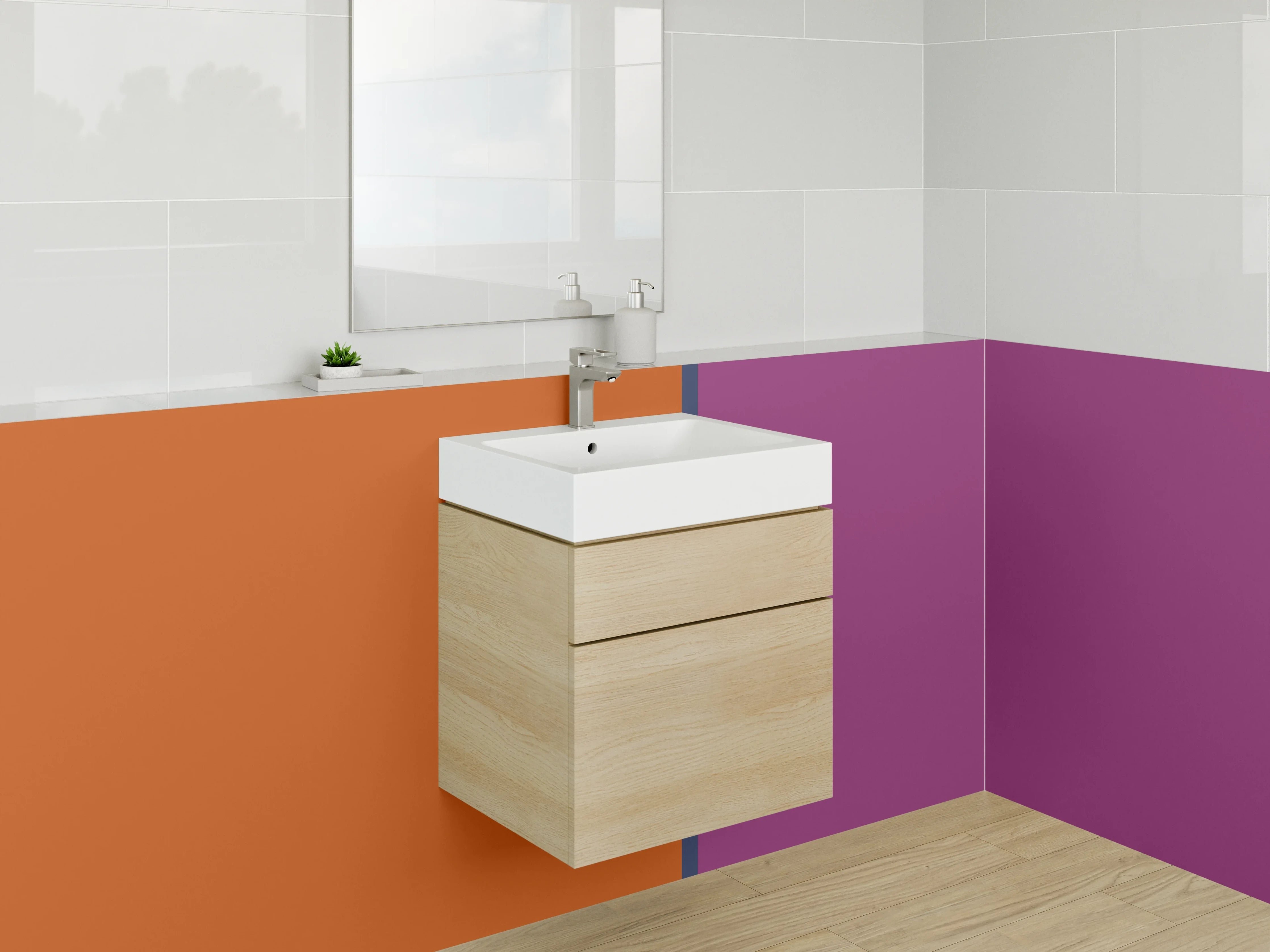 Waschbecken-Rückwand - Bunte Farbblöcke mit Orange und Lila