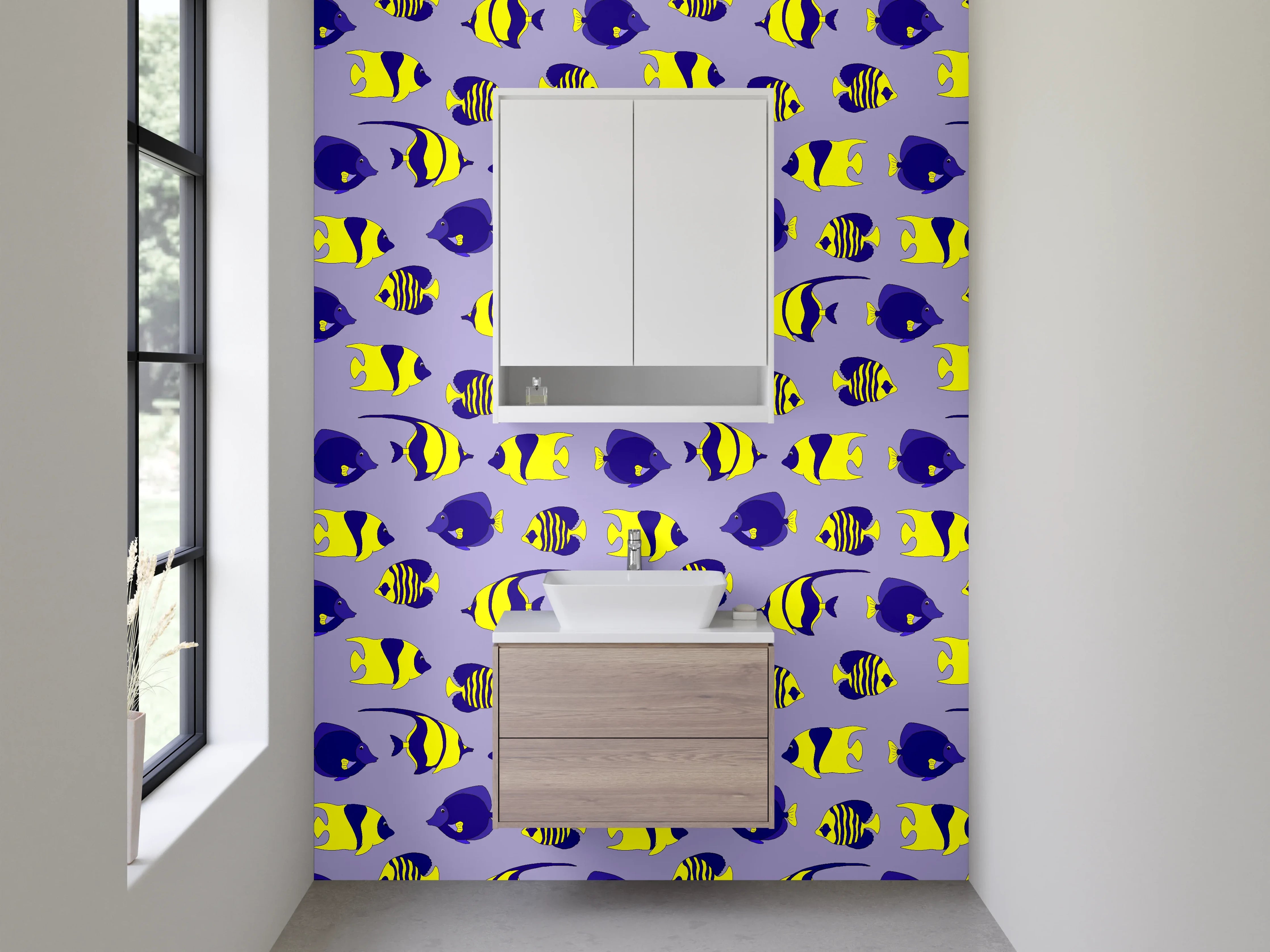 Waschbecken-Rückwand - Bunte Fische auf violettem Hintergrund