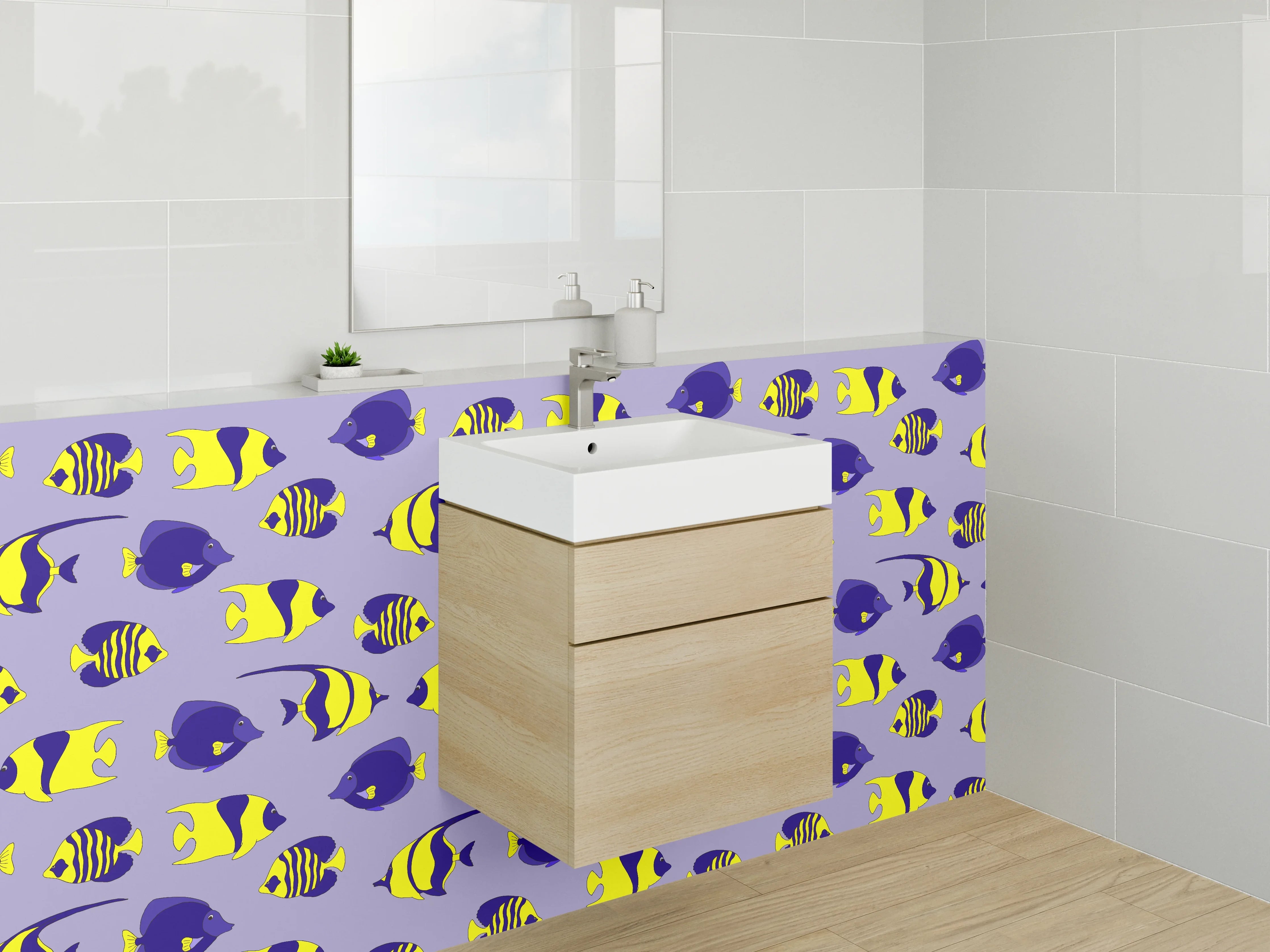 Waschbecken-Rückwand - Bunte Fische auf violettem Hintergrund