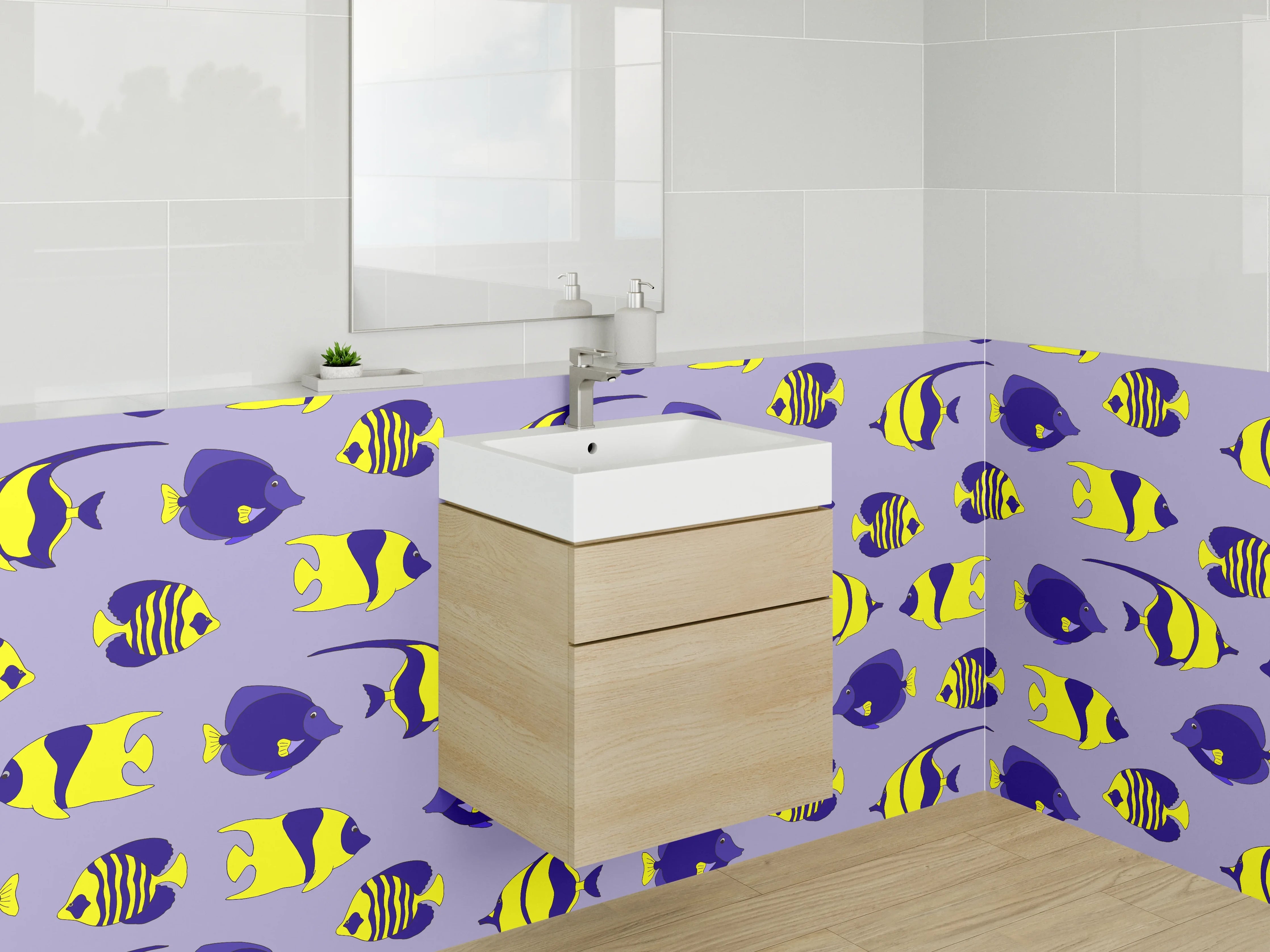 Waschbecken-Rückwand - Bunte Fische auf violettem Hintergrund