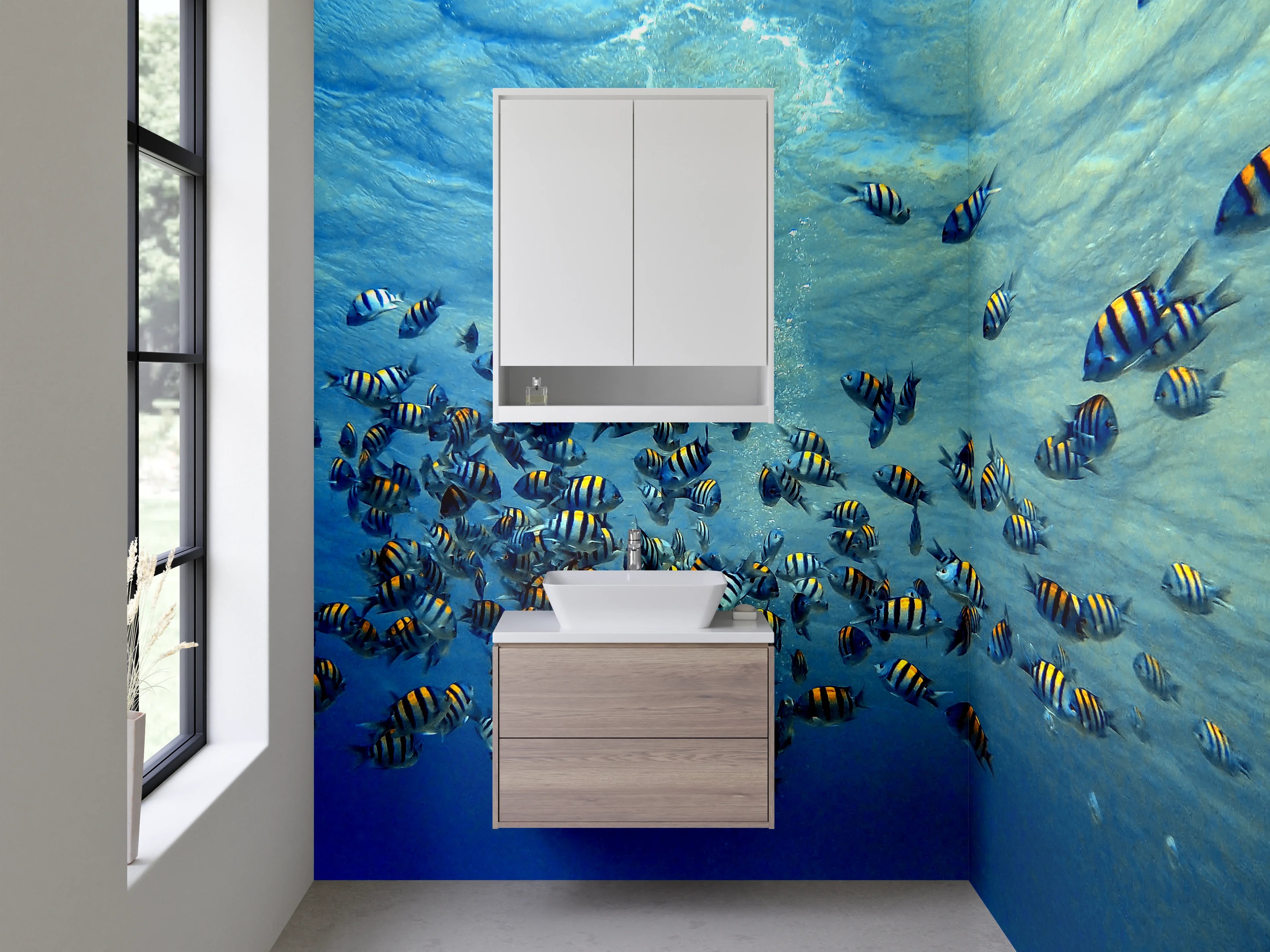Waschbecken-Rückwand - Bunte Fische im Grauwarndes Meer
