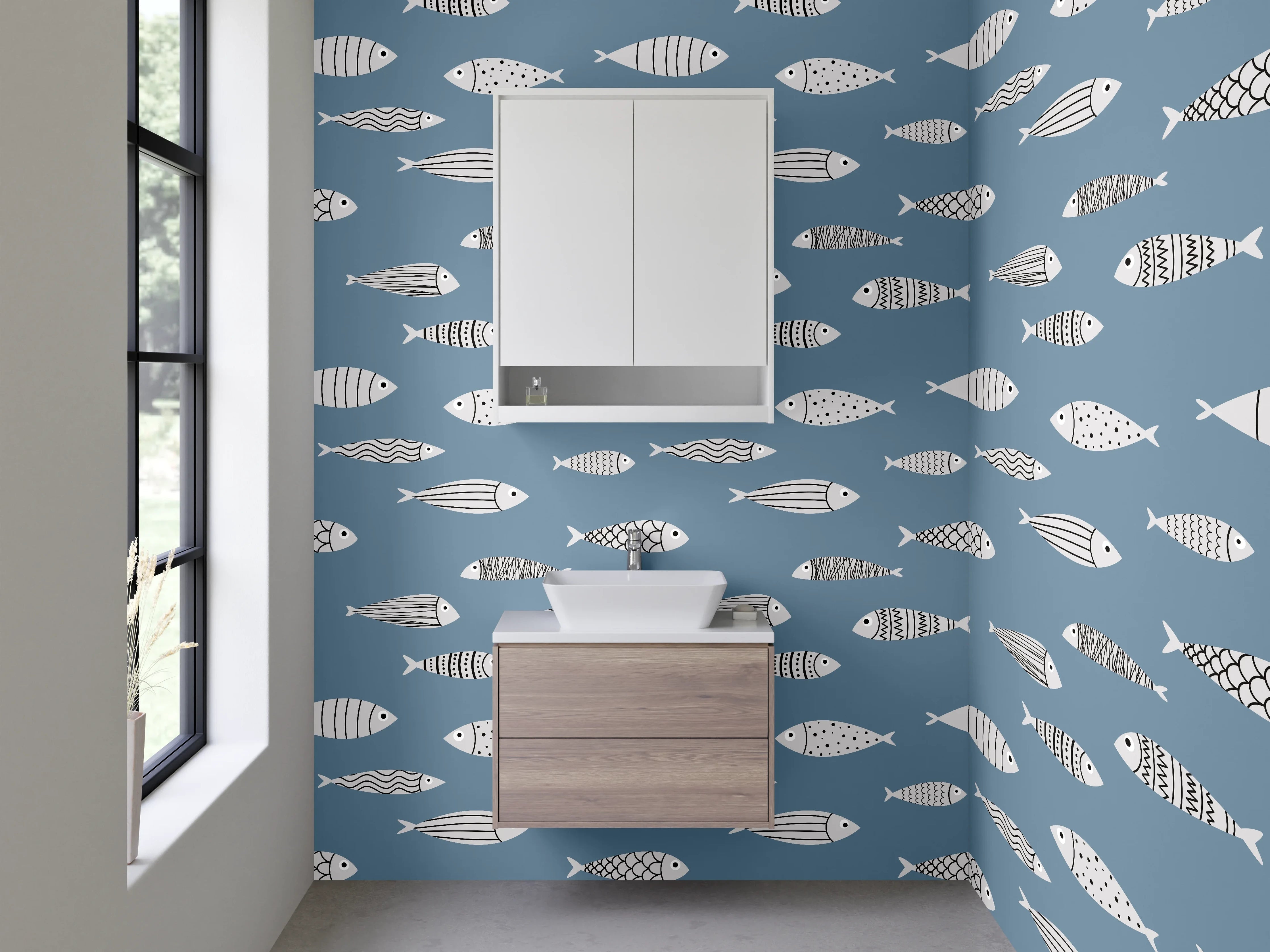 Waschbecken-Rückwand - Bunte Fischmuster auf blautem Hintergrund