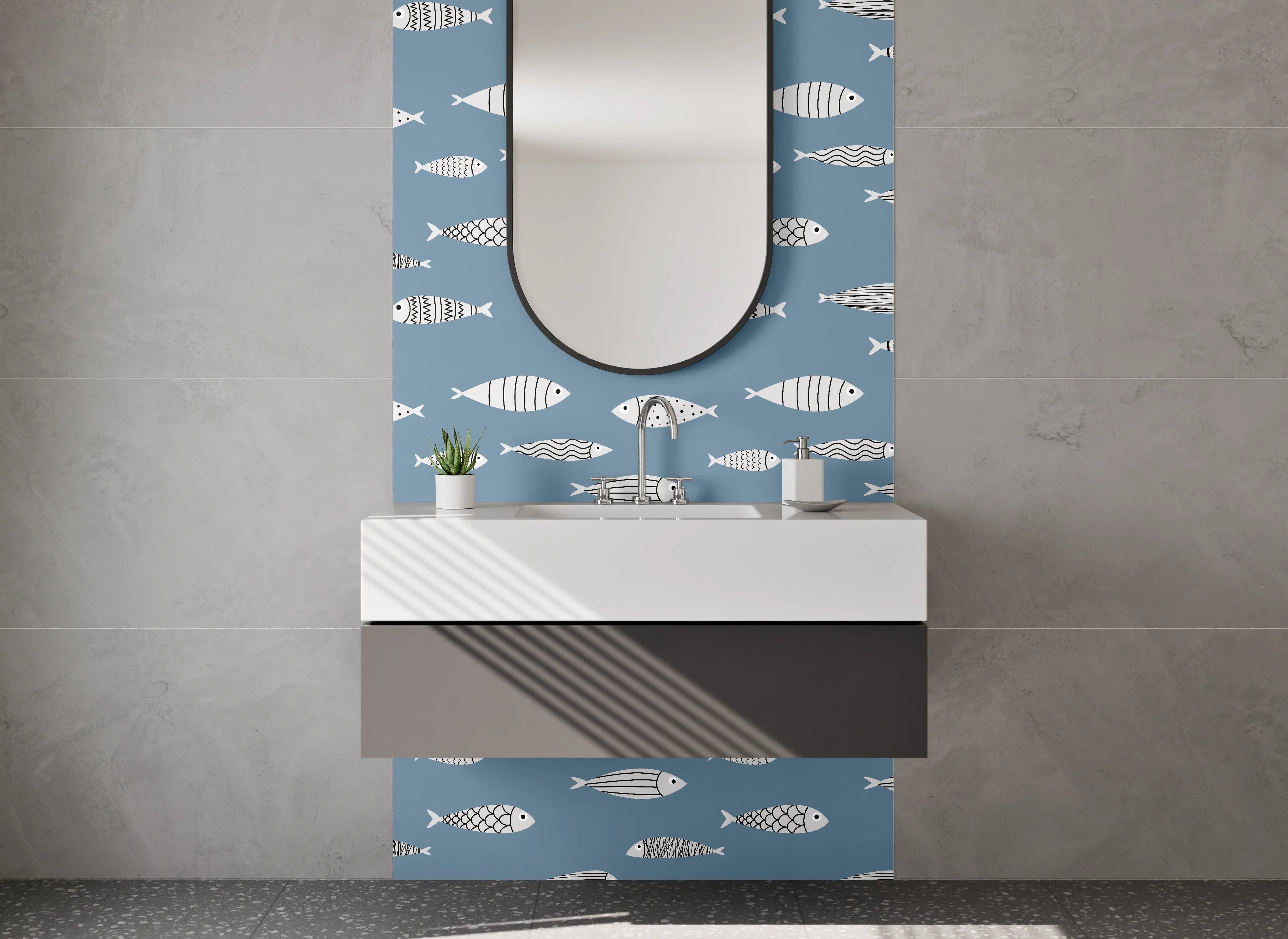 Waschbecken-Rückwand - Bunte Fischmuster auf blautem Hintergrund