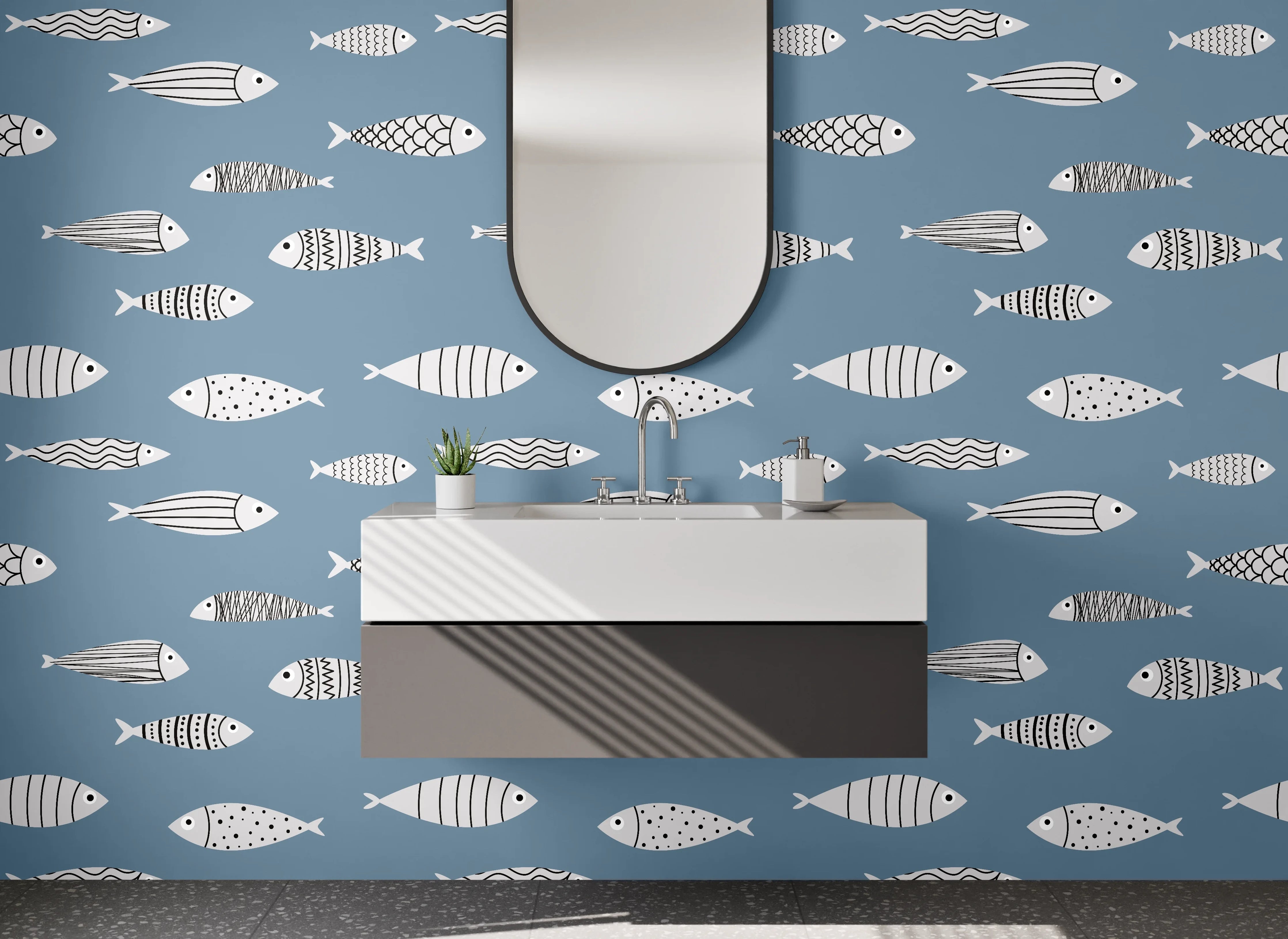 Waschbecken-Rückwand - Bunte Fischmuster auf blautem Hintergrund