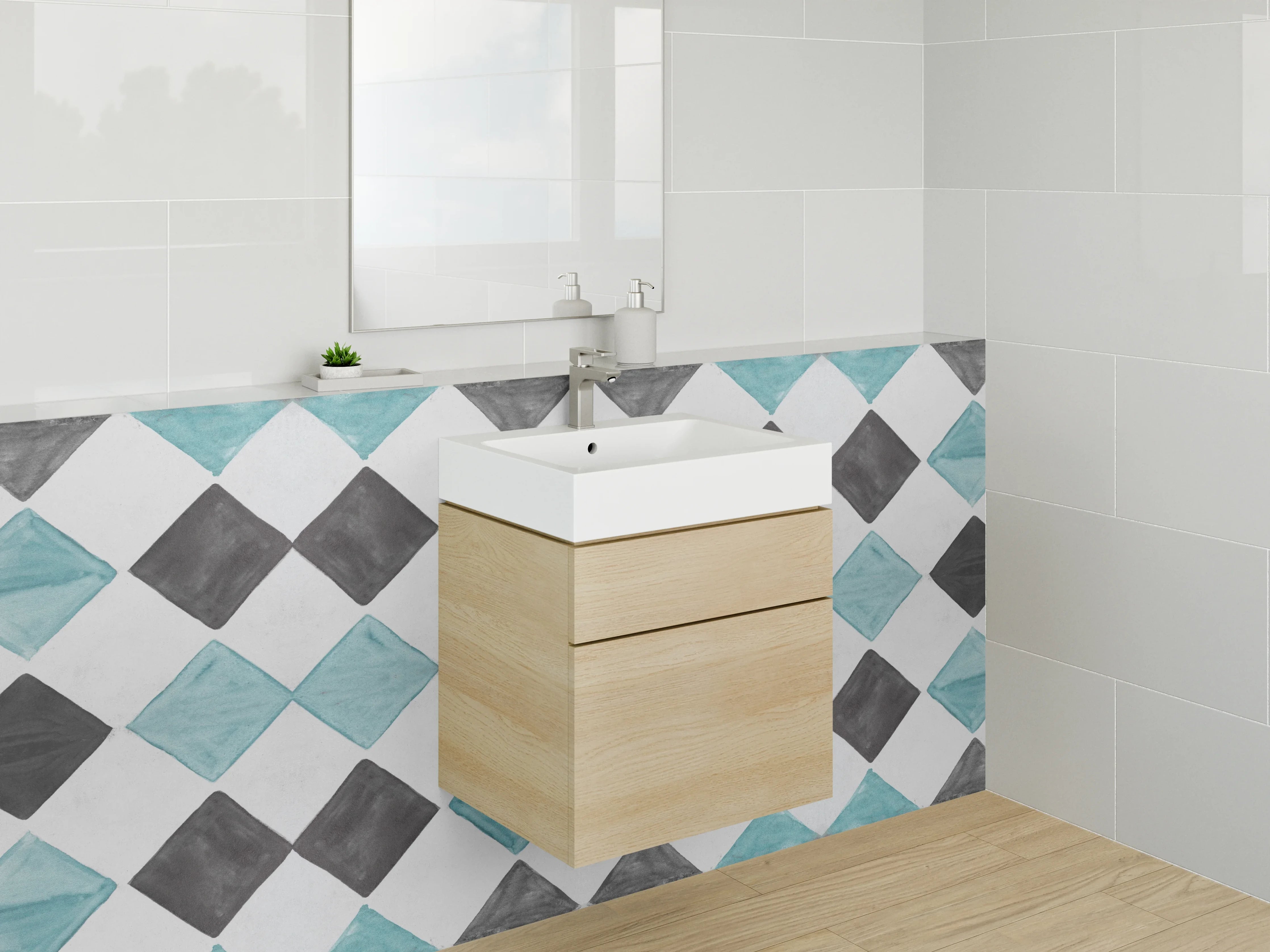 Waschbecken-Rückwand - Bunte Fliesenmuster in Blau, Schwarz und Grau