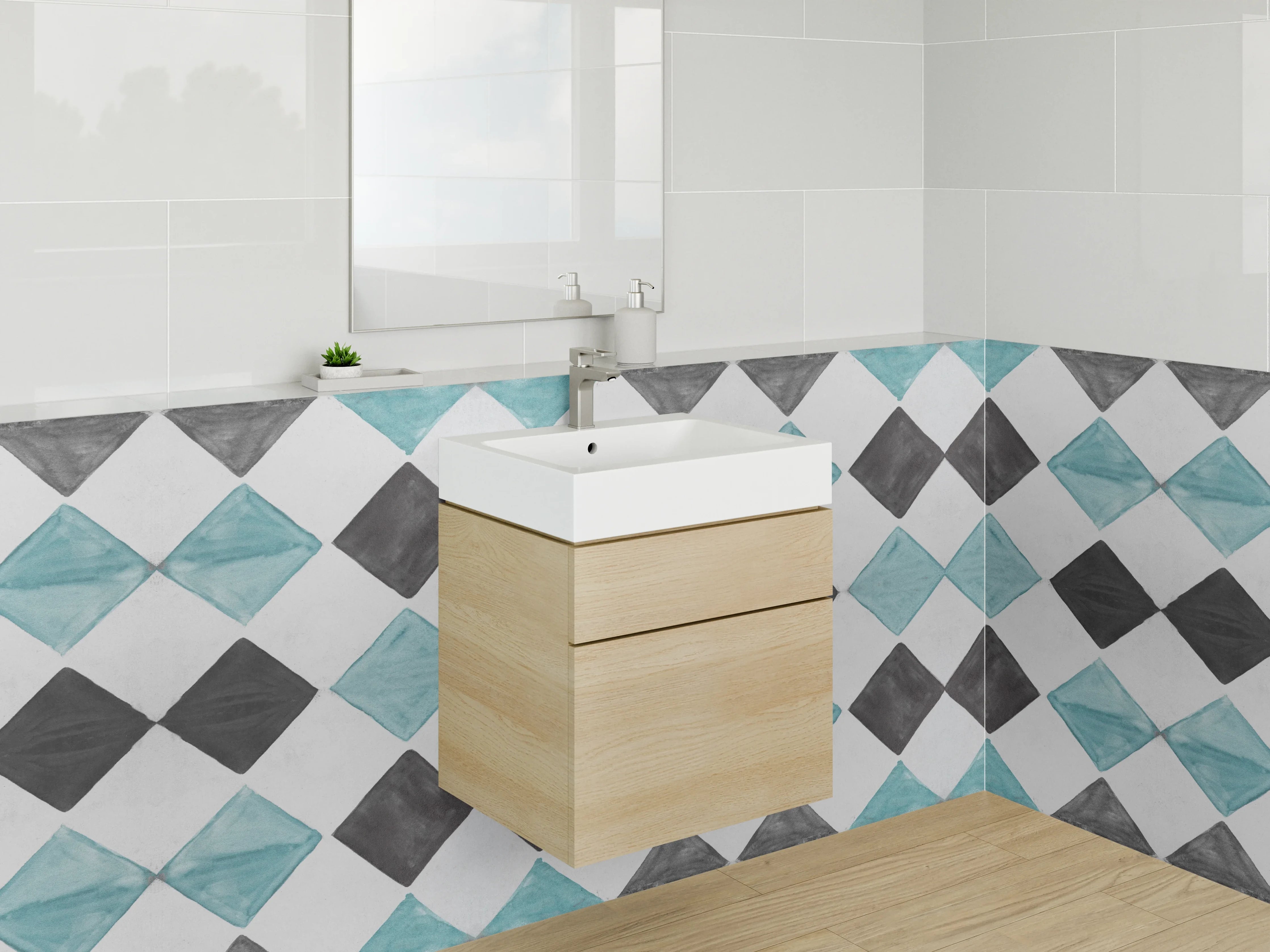 Waschbecken-Rückwand - Bunte Fliesenmuster in Blau, Schwarz und Grau