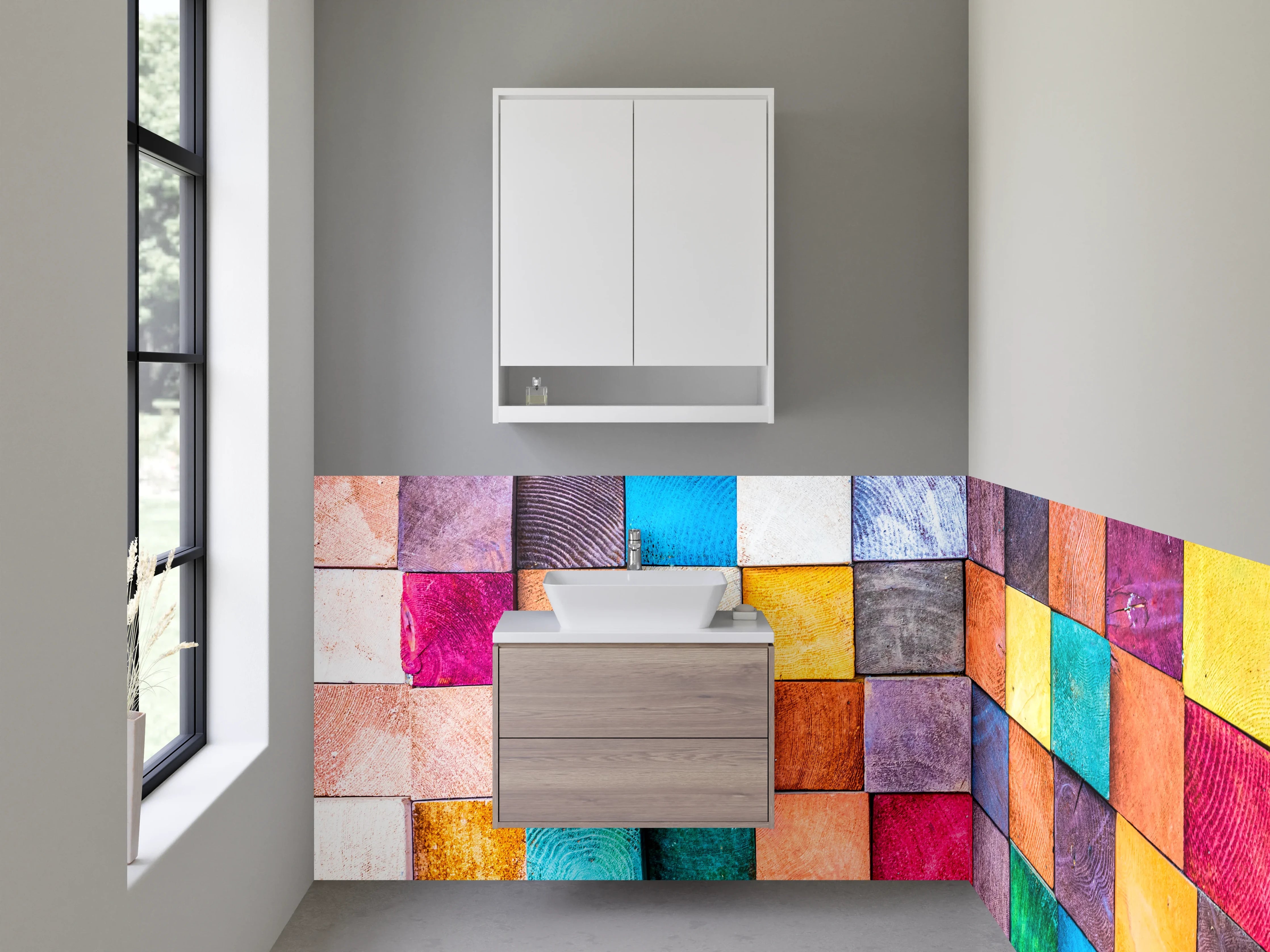Waschbecken-Rückwand - Bunte Holzquader Leinwand