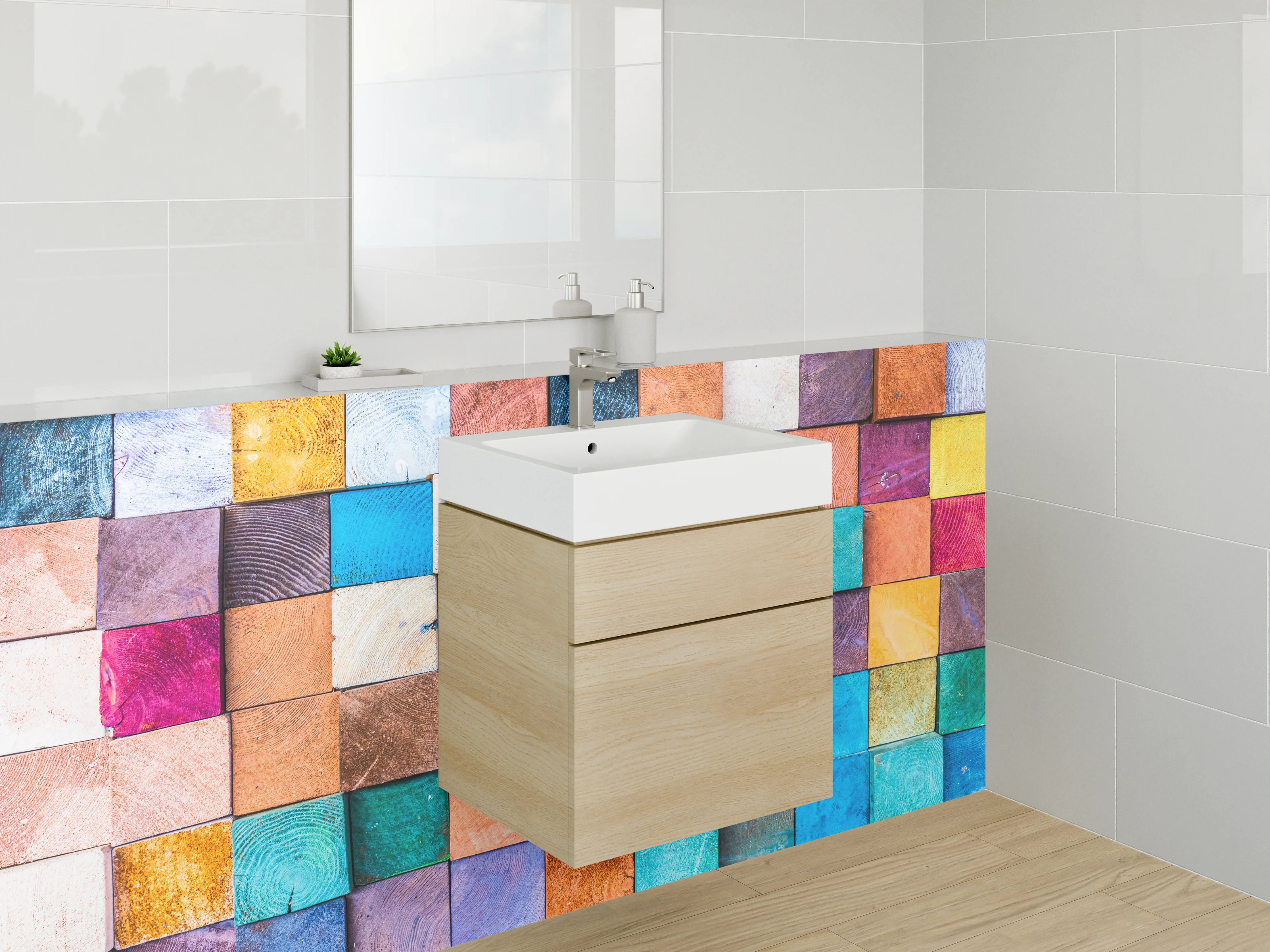 Waschbecken-Rückwand - Bunte Holzquader Leinwand