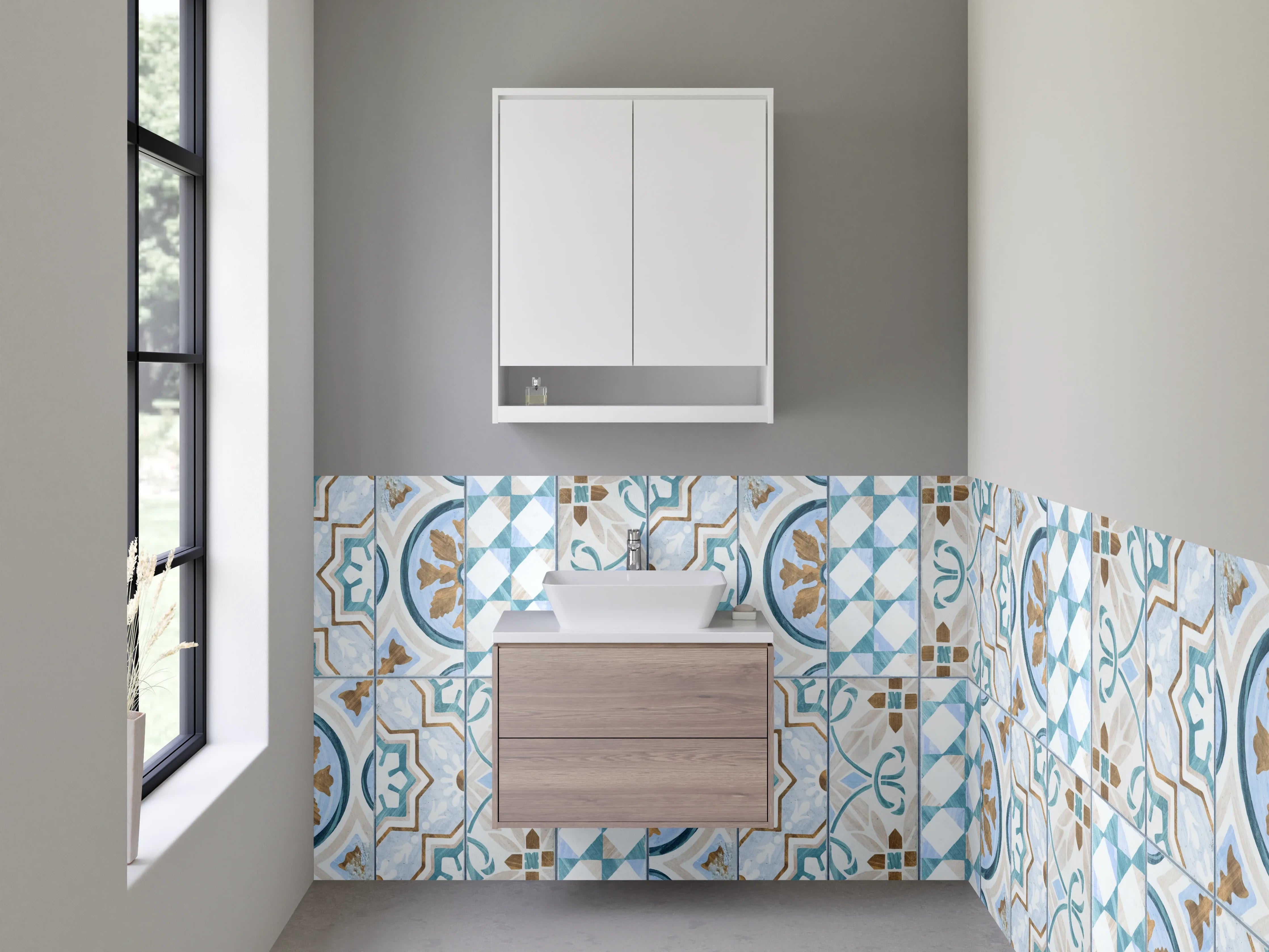 Waschbecken-Rückwand - Bunte Kachelmuster in Blau und Beige