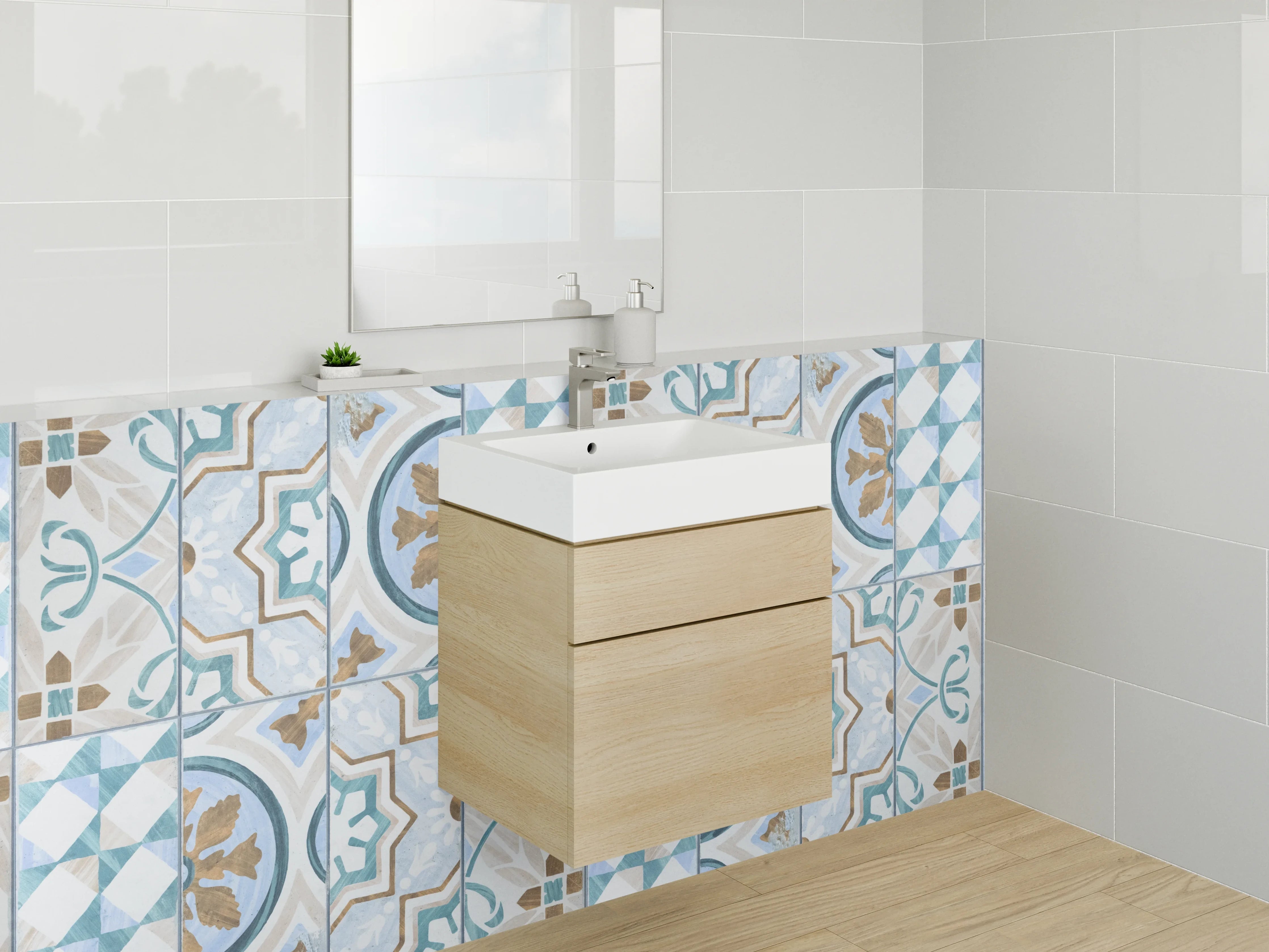 Waschbecken-Rückwand - Bunte Kachelmuster in Blau und Beige