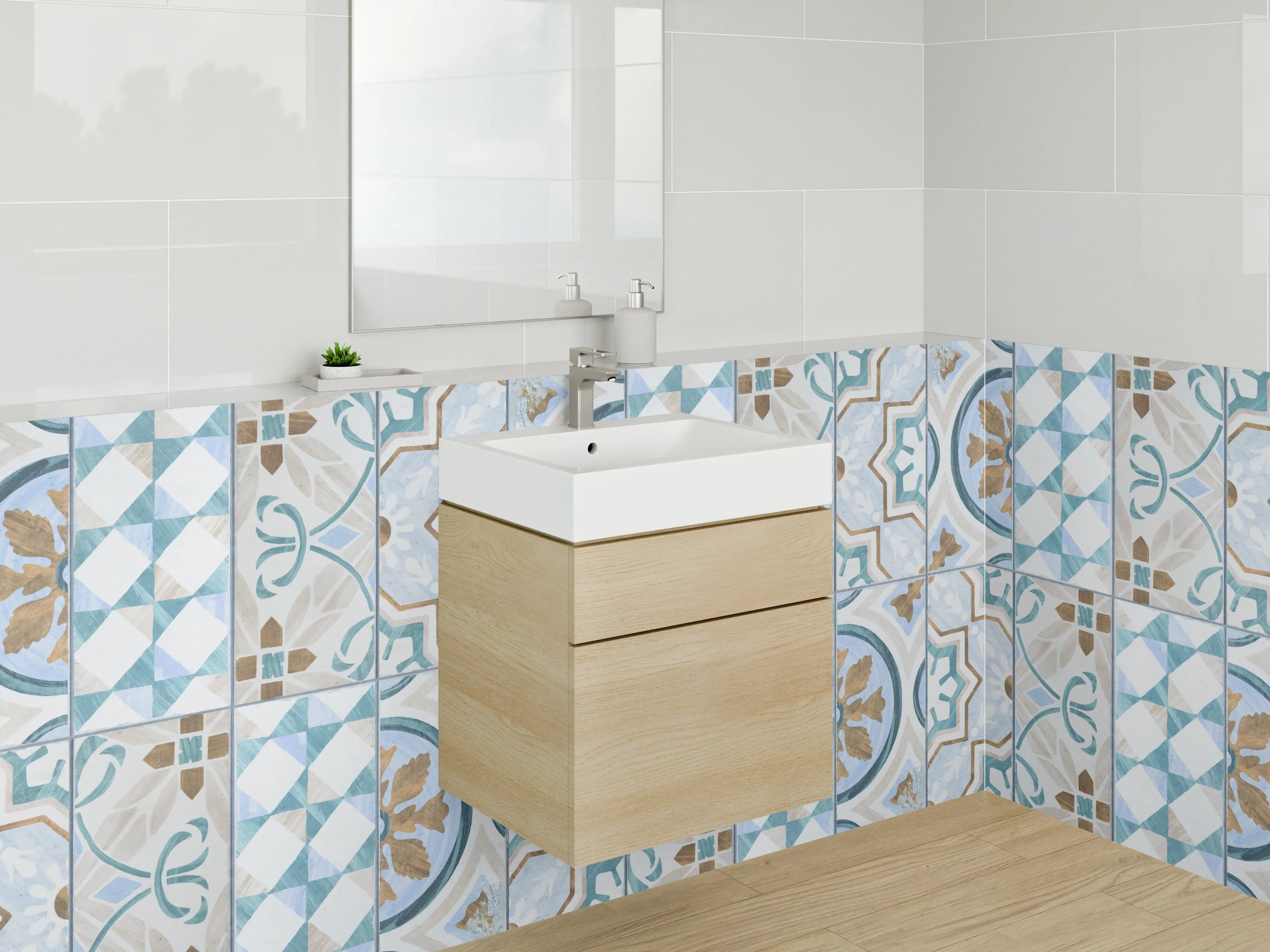 Waschbecken-Rückwand - Bunte Kachelmuster in Blau und Beige