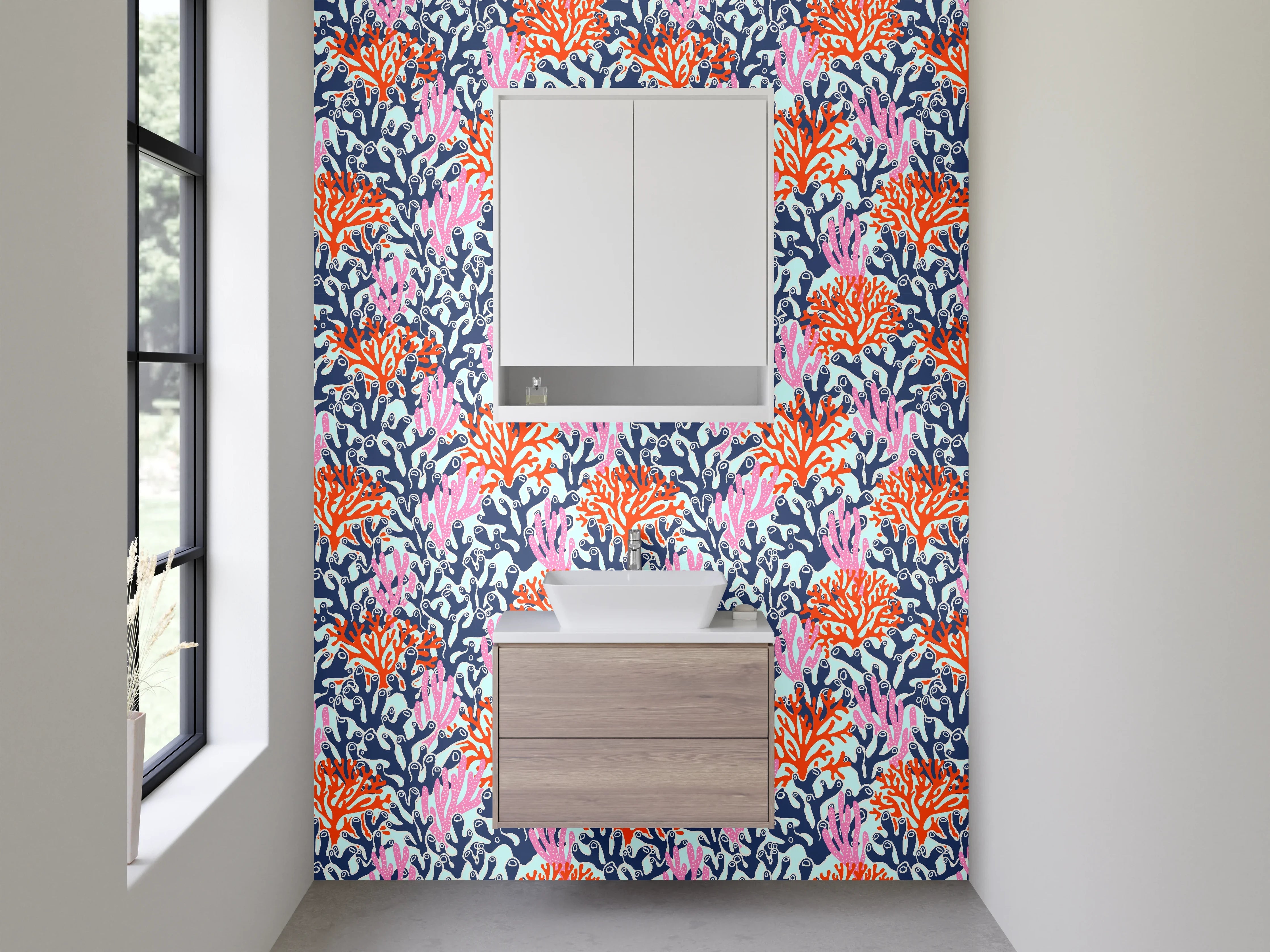Waschbecken-Rückwand - Bunte Korallenriff-Muster in Pink, Orange und Blau