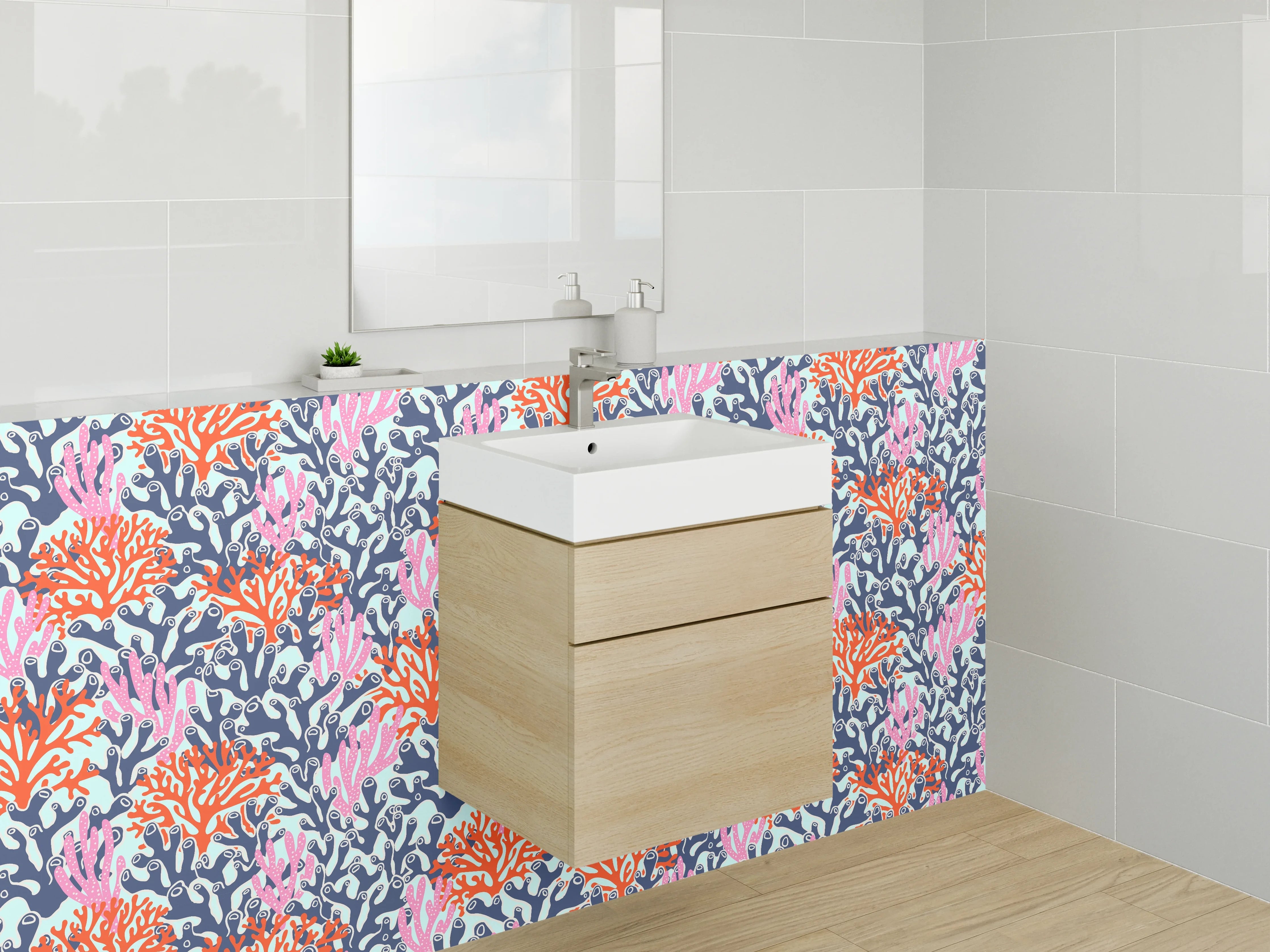 Waschbecken-Rückwand - Bunte Korallenriff-Muster in Pink, Orange und Blau