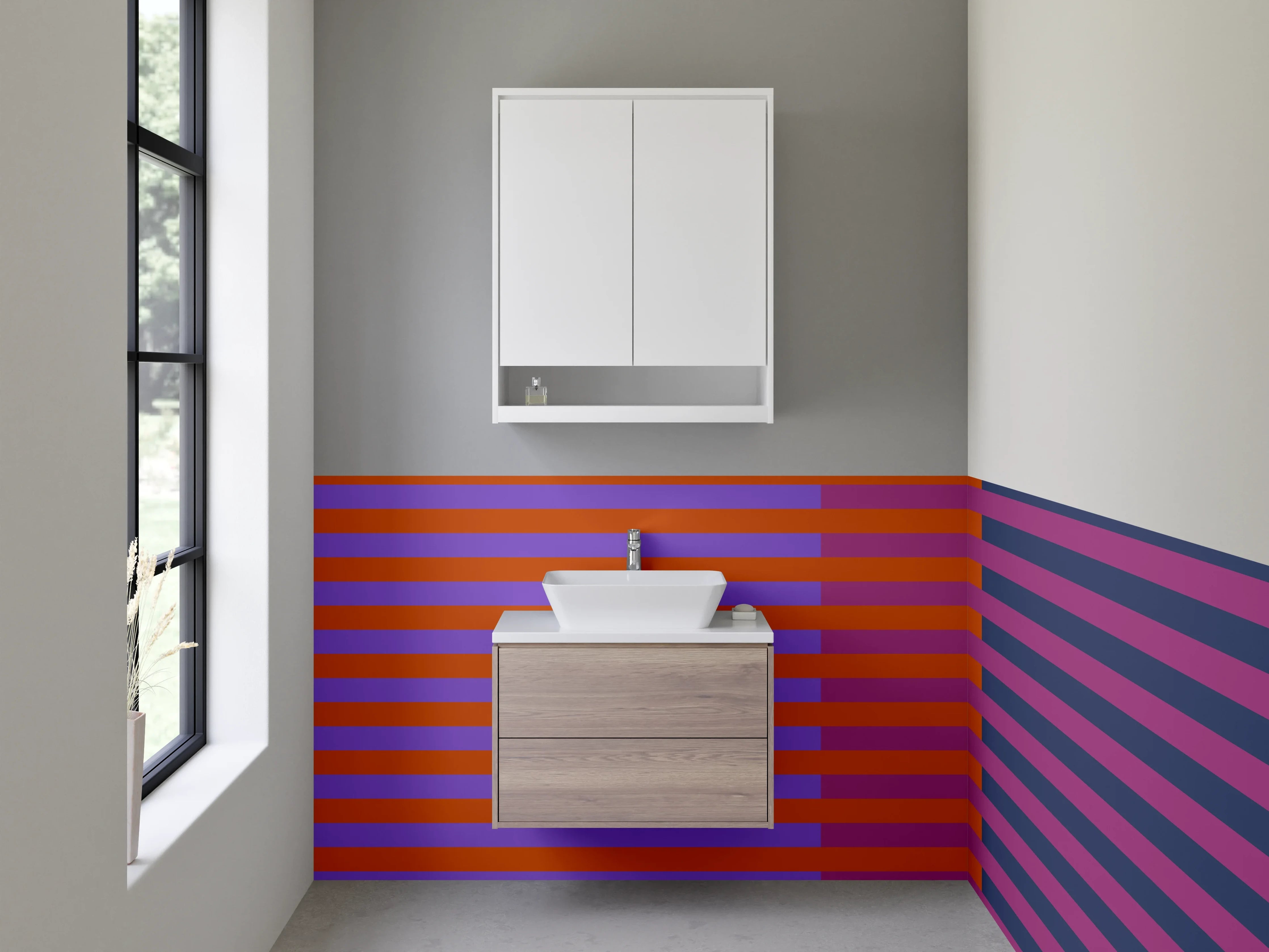 Waschbecken-Rückwand - Bunte Linienmuster mit Streifen in Blau und Orange