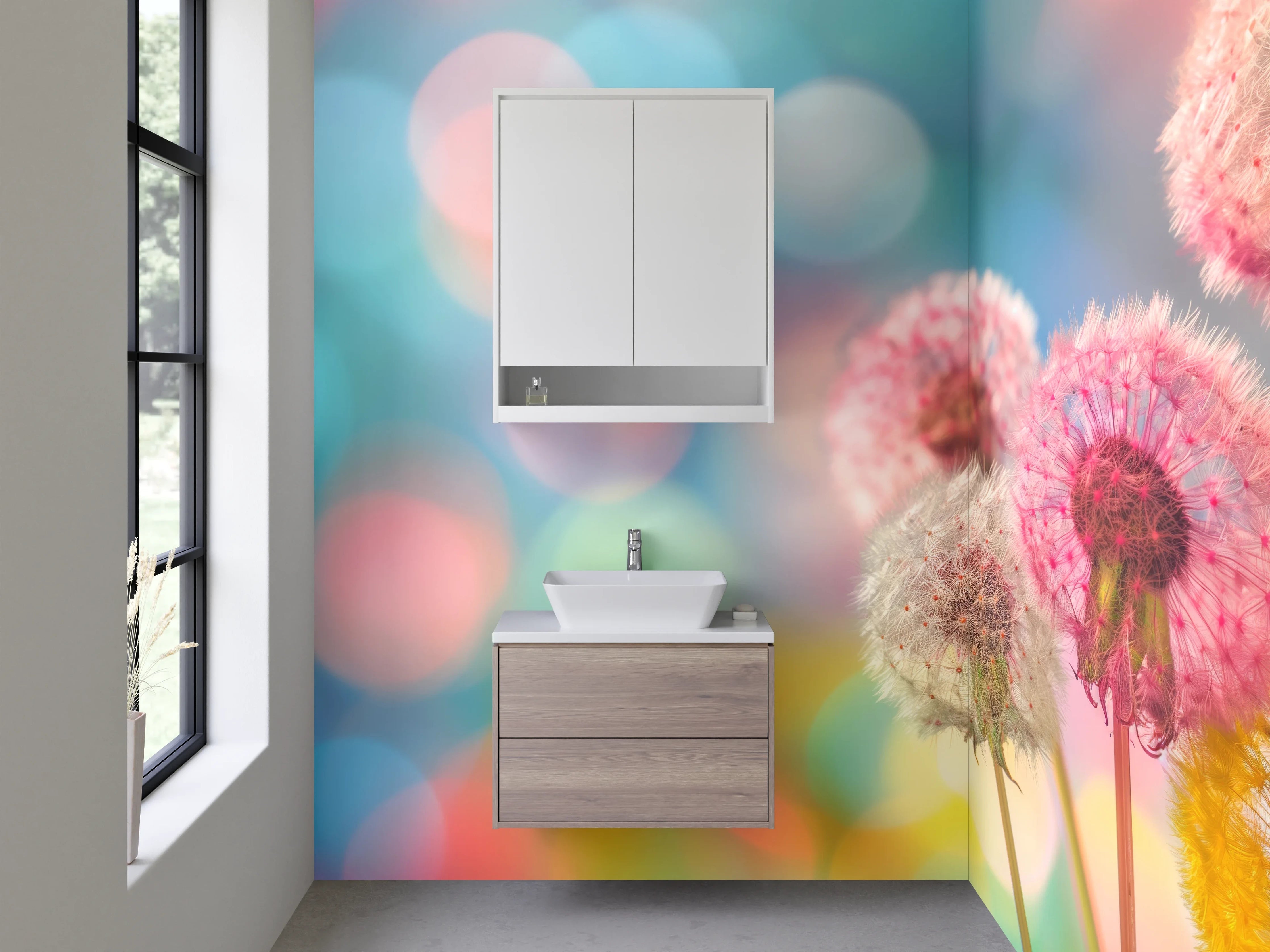 Waschbecken-Rückwand - Bunte Pusteblumen auf Pastell-Hintergrund