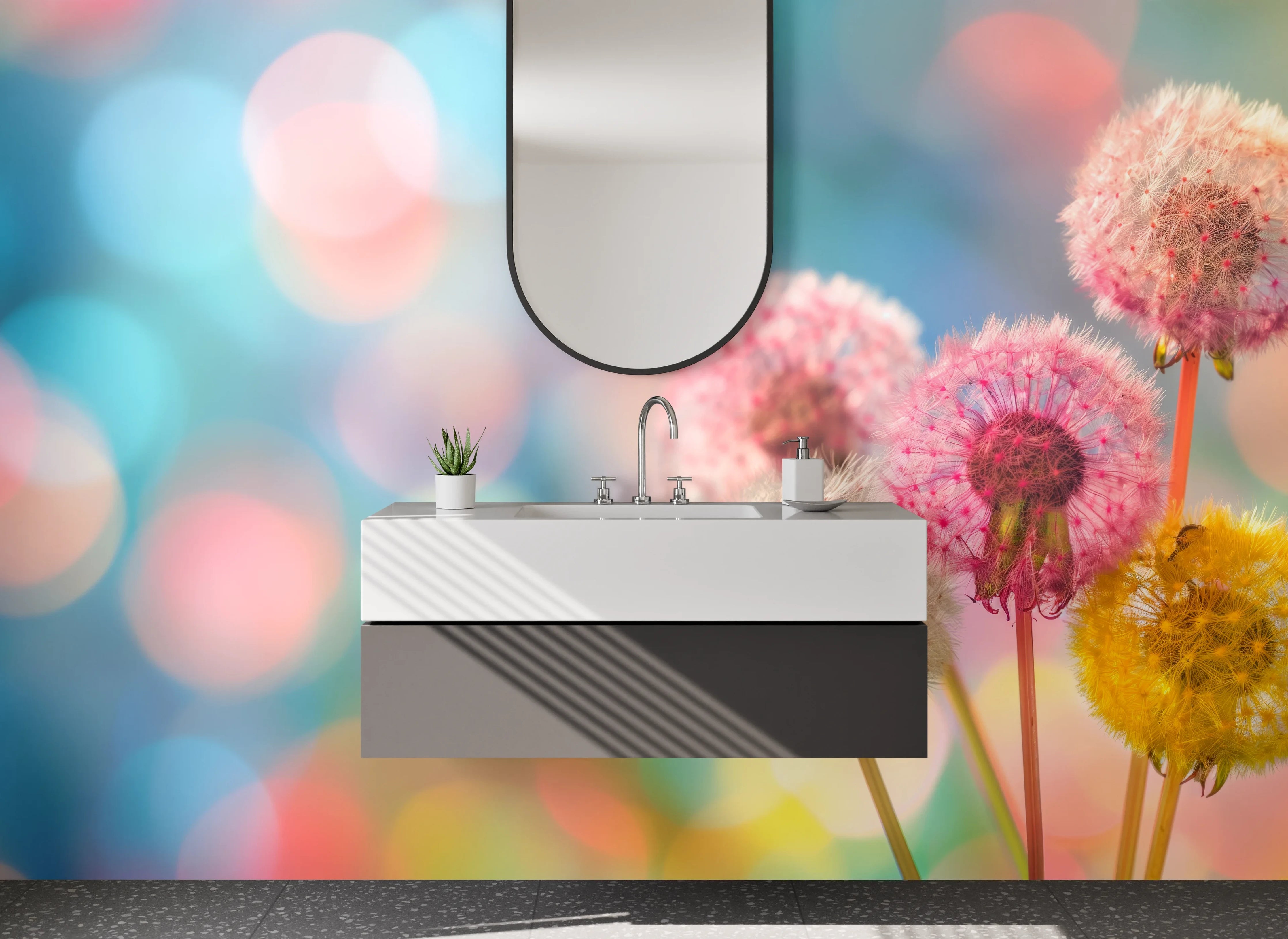 Waschbecken-Rückwand - Bunte Pusteblumen auf Pastell-Hintergrund