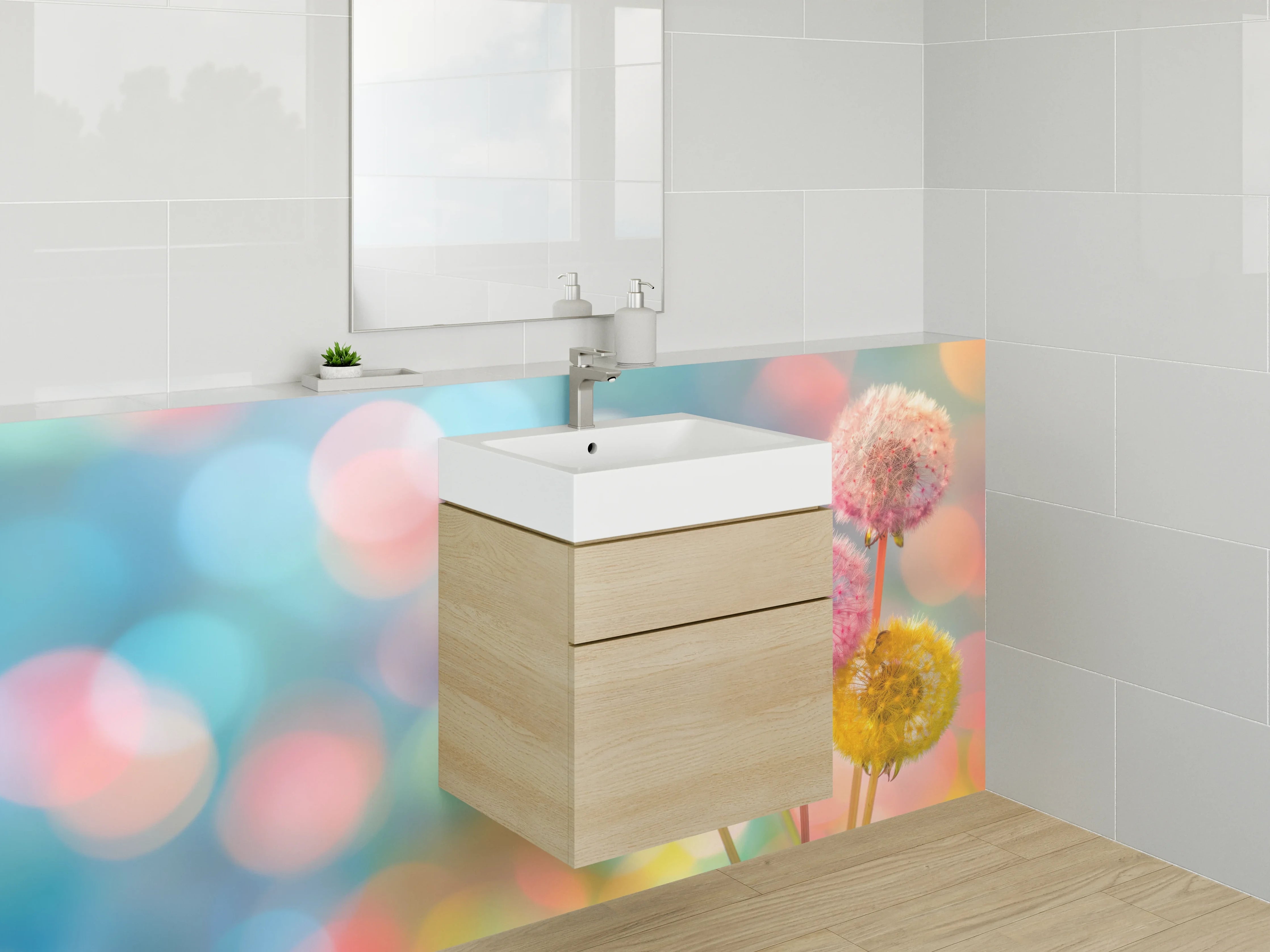 Waschbecken-Rückwand - Bunte Pusteblumen auf Pastell-Hintergrund