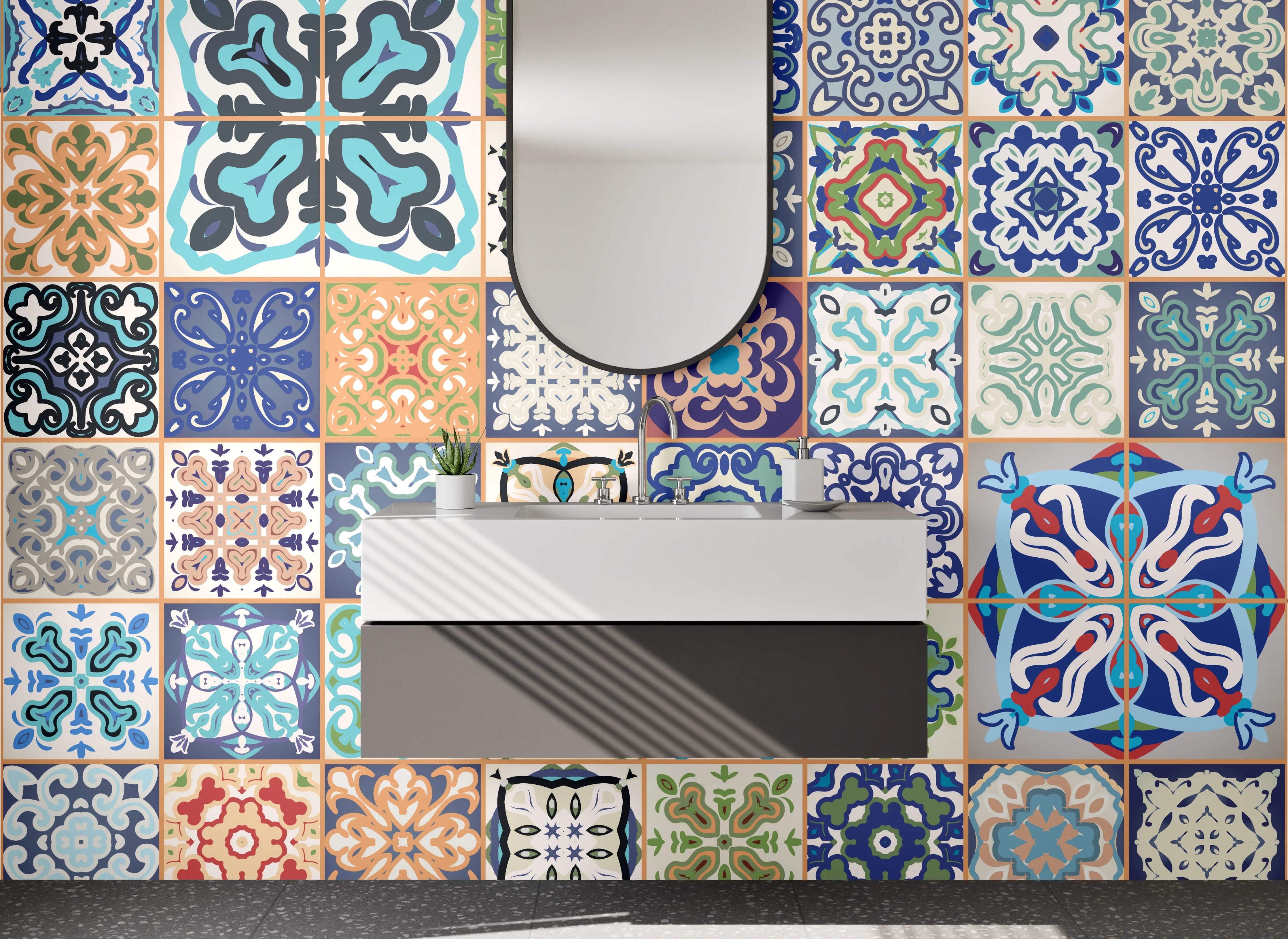 Waschbecken-Rückwand - Bunte Retro Fliesen Mosaikmix