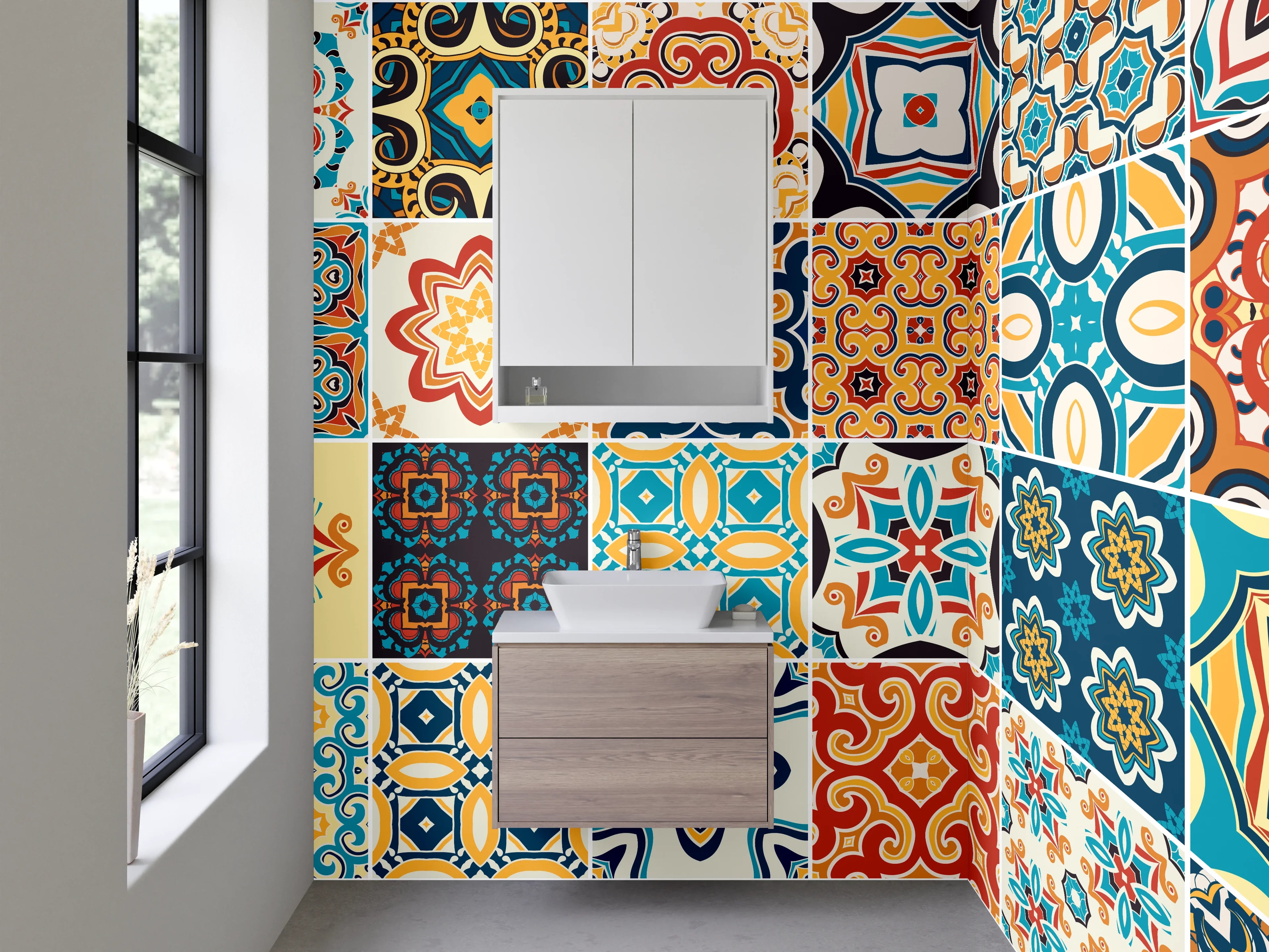 Waschbecken-Rückwand - Bunte Retro-Mosaikfliesen Muster