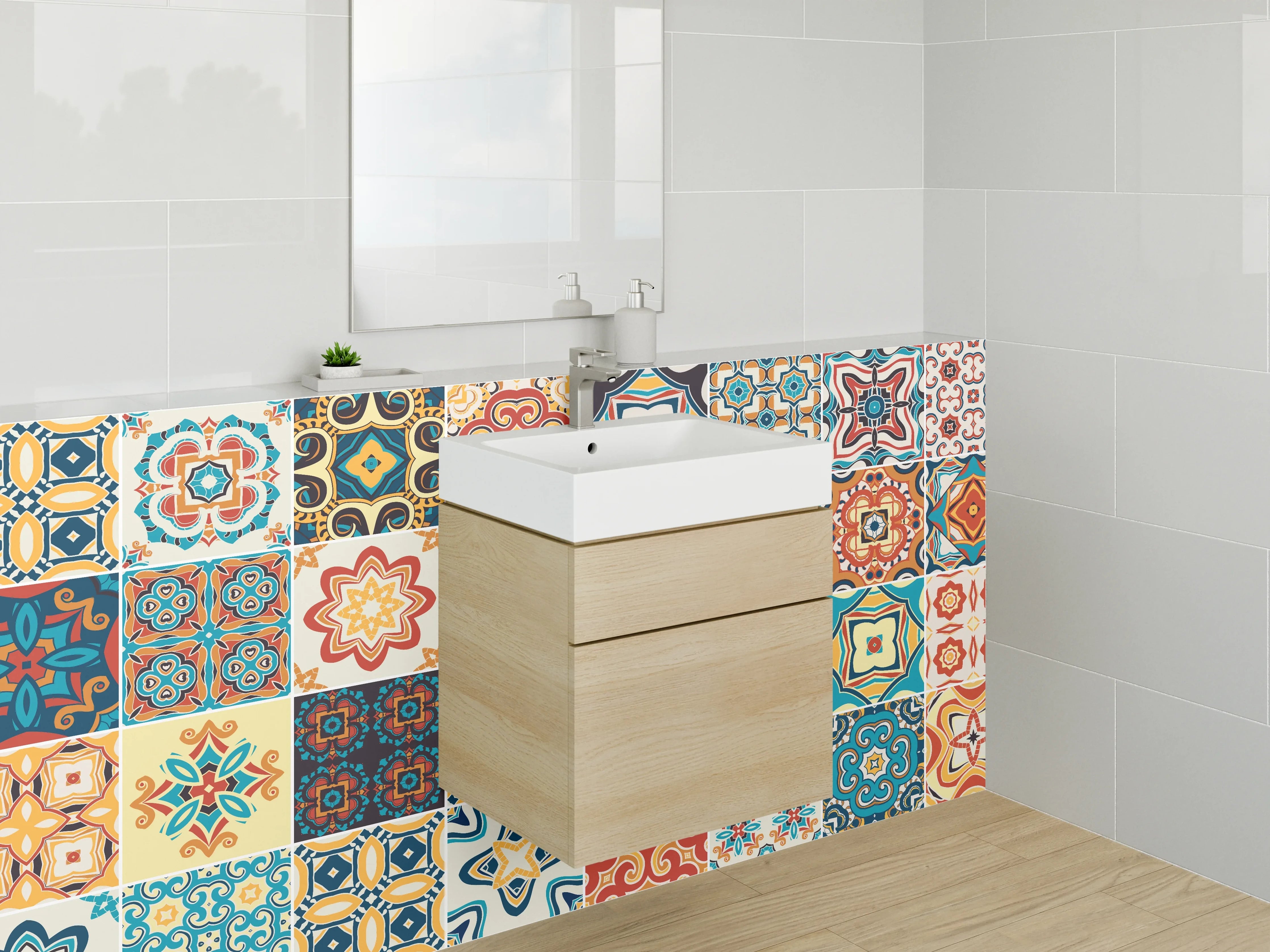 Waschbecken-Rückwand - Bunte Retro-Mosaikfliesen Muster